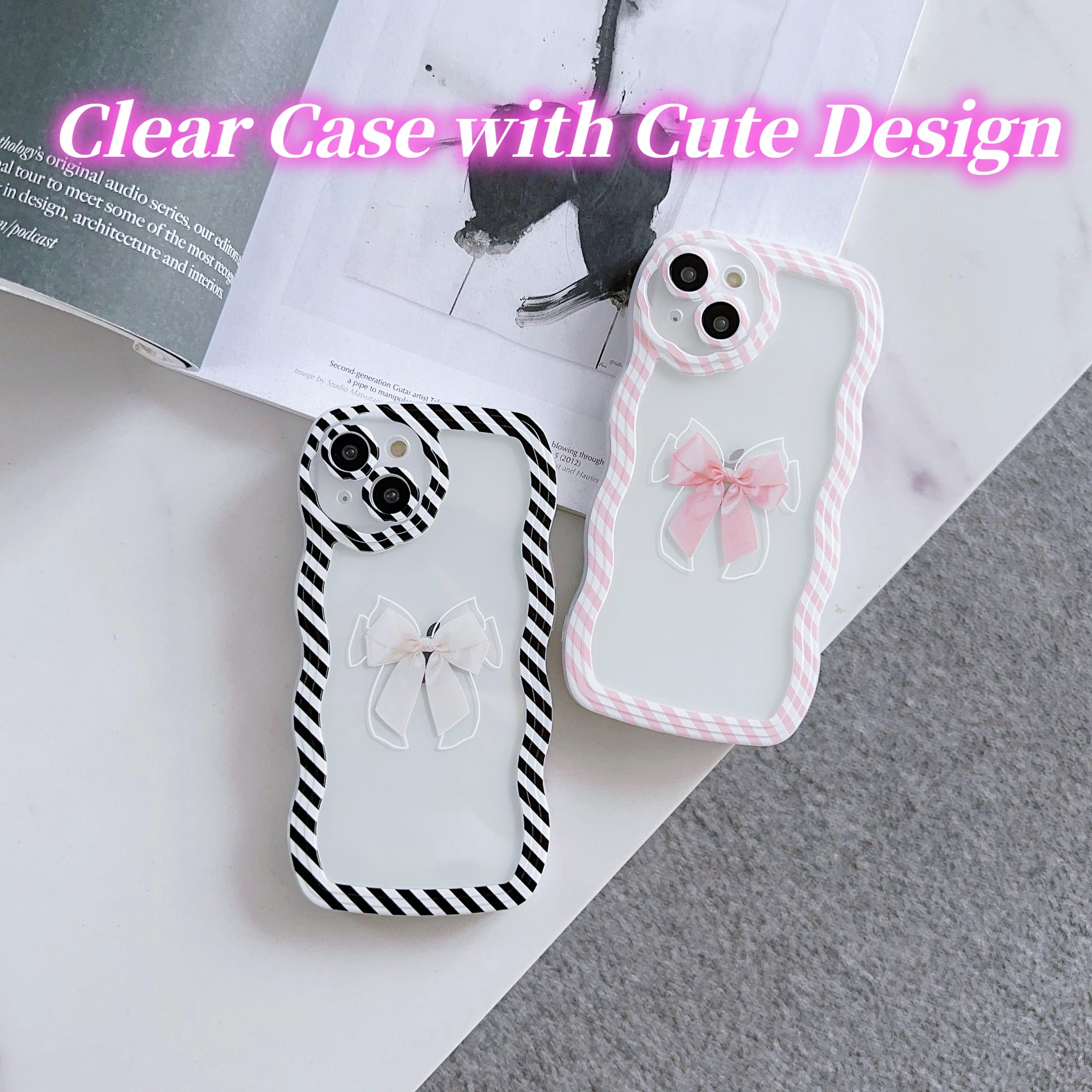 UICEAM UICEAM Clear iPhone 14 Case with Bow Design for Women Girls Soft Shockproof Cover Pink Aesthetic Stripe Frame 6.1 Inch - View 5 of 6