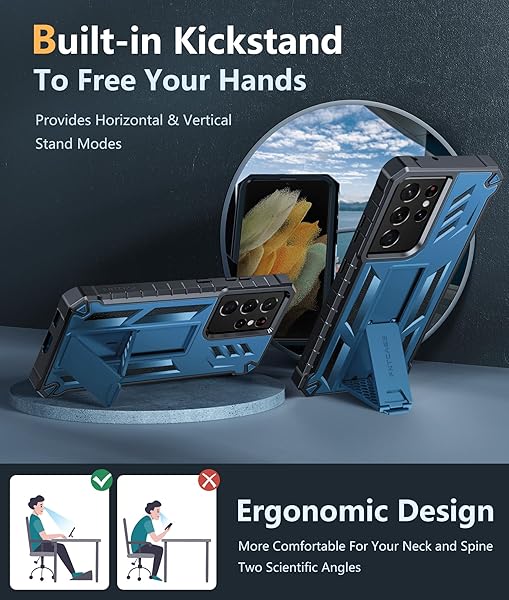 FNTCASE FNTCASE Military Grade Rugged Case for Samsung Galaxy S21 Ultra with Kickstand Shockproof TPU Protection Blue 6.8 inches - View 6 of 9