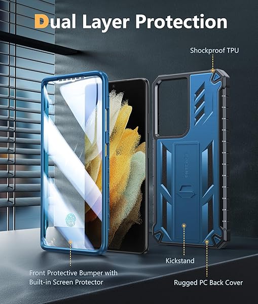 FNTCASE FNTCASE Military Grade Rugged Case for Samsung Galaxy S21 Ultra with Kickstand Shockproof TPU Protection Blue 6.8 inches - View 7 of 9