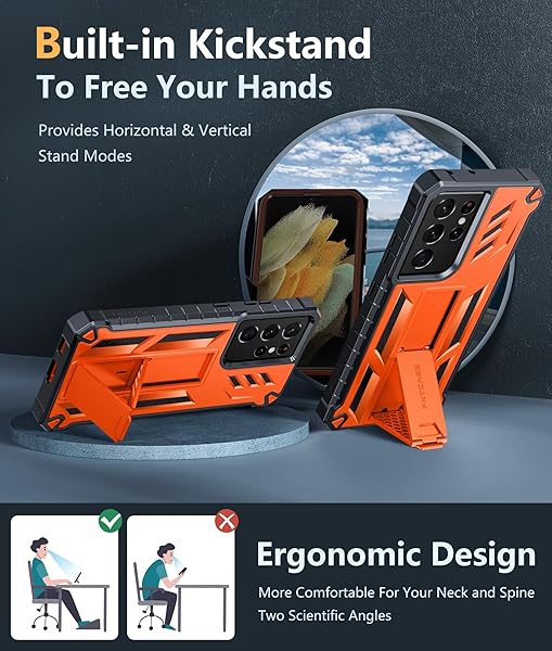 FNTCASE FNTCASE Military Grade Rugged Case for Samsung Galaxy S21 Ultra with Kickstand Shockproof TPU Protection Orange 6.8 inches - View 6 of 8