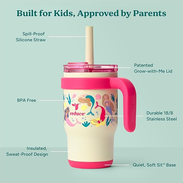 REDUCE Coldee Kids Tumbler 14 Oz with Lid and Straw Insulated Travel Mug Spill-Proof Sweatproof Stainless Steel BPA-Free Pink Mermaid - View 4 of 8