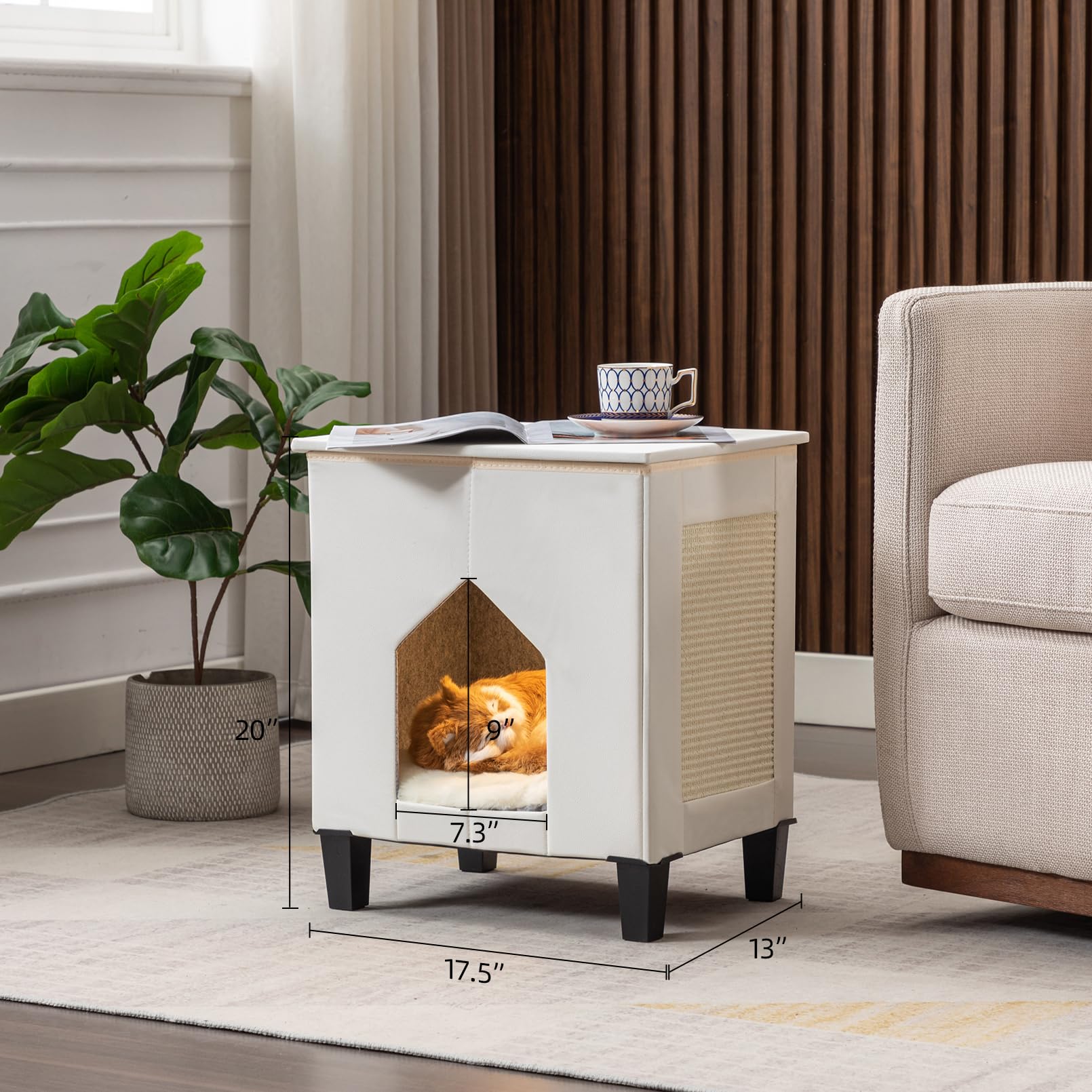 NUROMY NUROMY Cat House Indoor Condo with Scratch Pad and Leather Bed Side Table for Living Room and Bedroom Decoration White - View 2 of 7