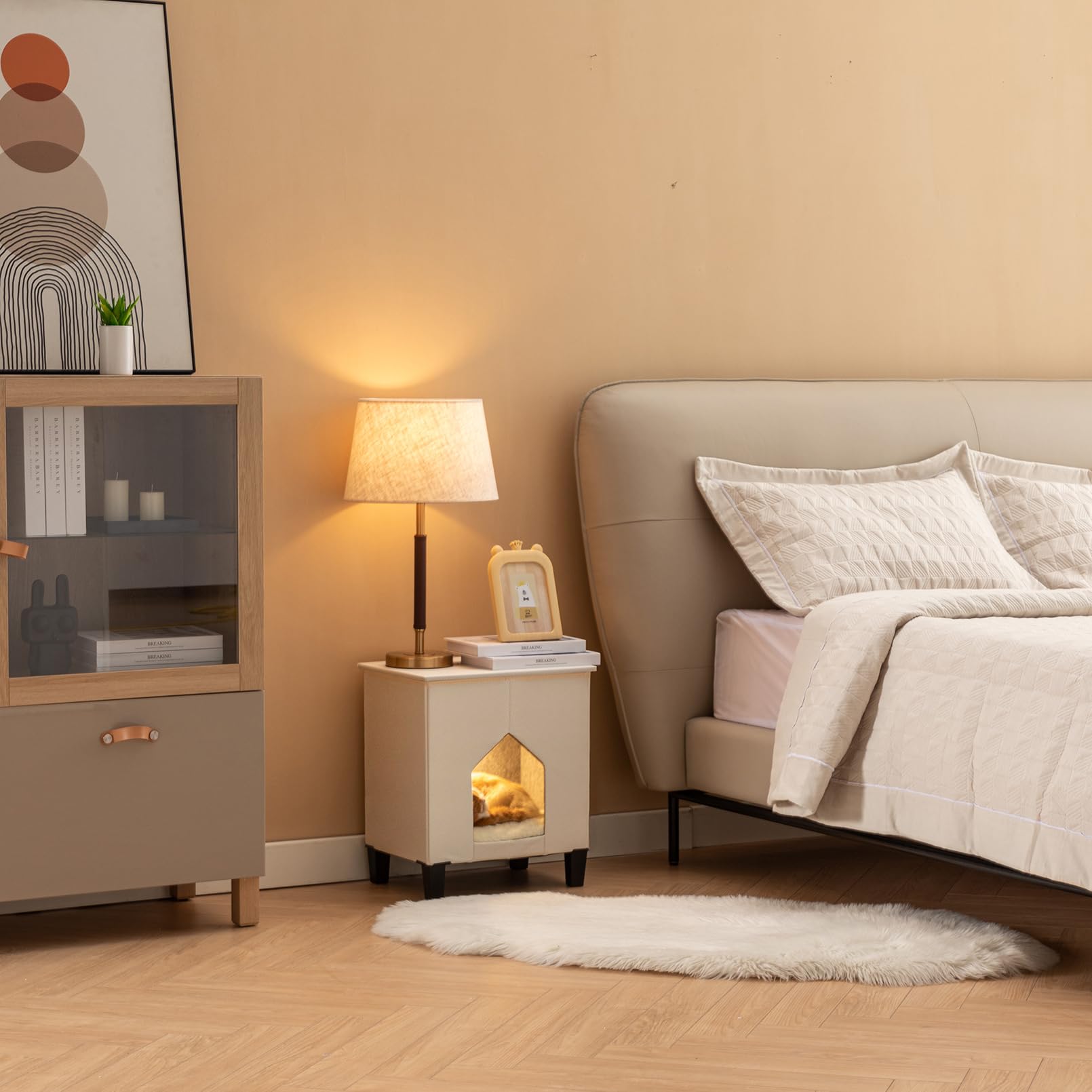 NUROMY NUROMY Cat House Indoor Condo with Scratch Pad and Leather Bed Side Table for Living Room and Bedroom Decoration White - View 3 of 7