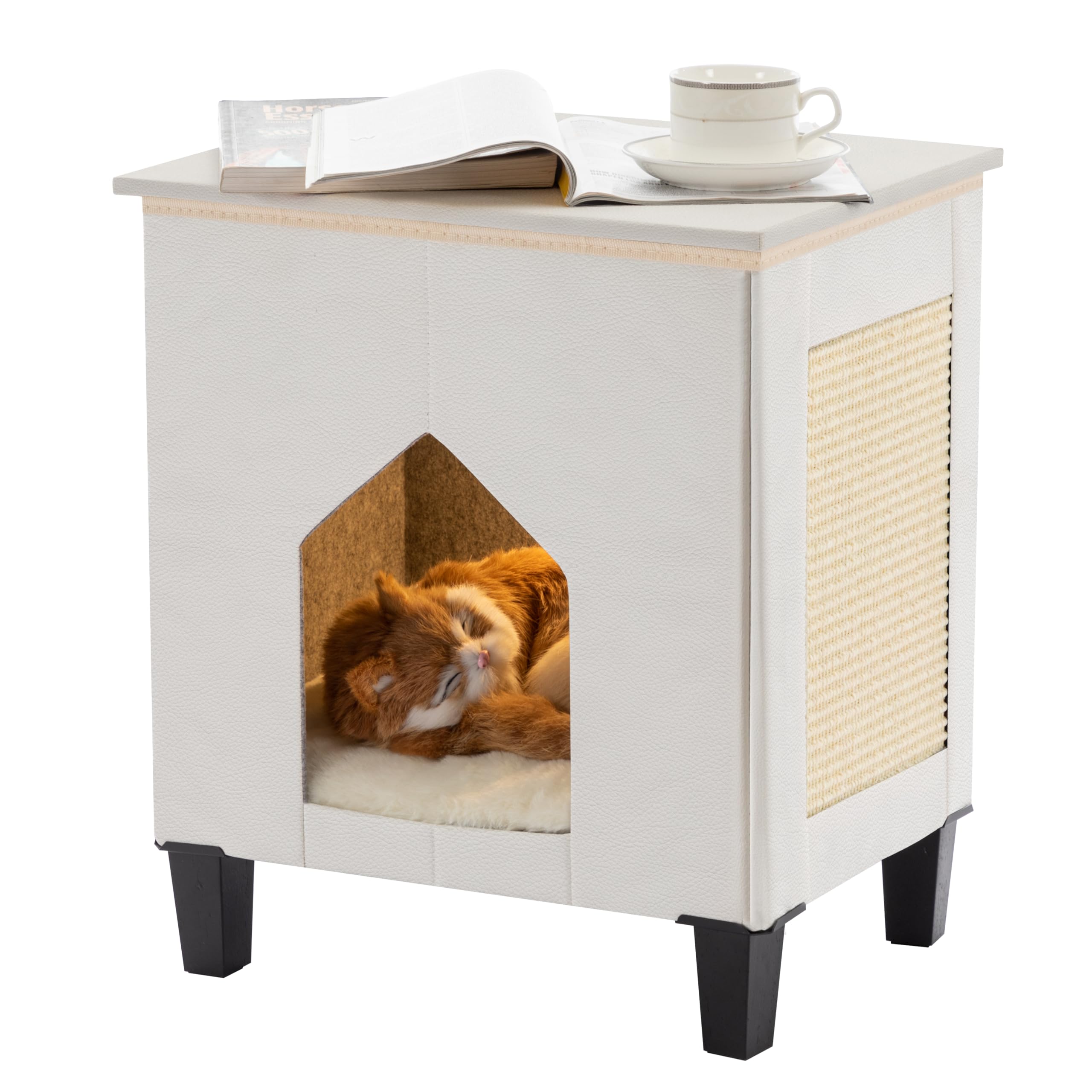 NUROMY NUROMY Cat House Indoor Condo with Scratch Pad and Leather Bed Side Table for Living Room and Bedroom Decoration White