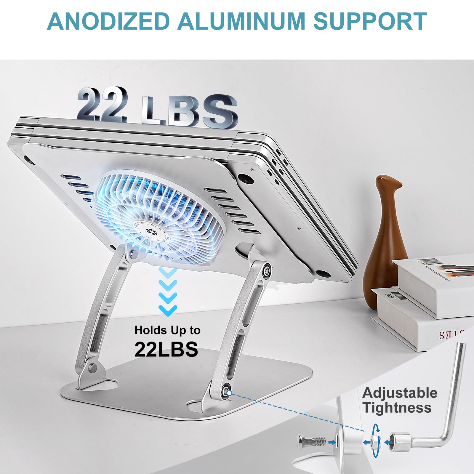 SHUWEI SHUWEI Adjustable Laptop Cooling Stand with 3 Speed Fan Ergonomic Aluminum Pad for 10-15 Inch Notebooks Silver - View 5 of 6