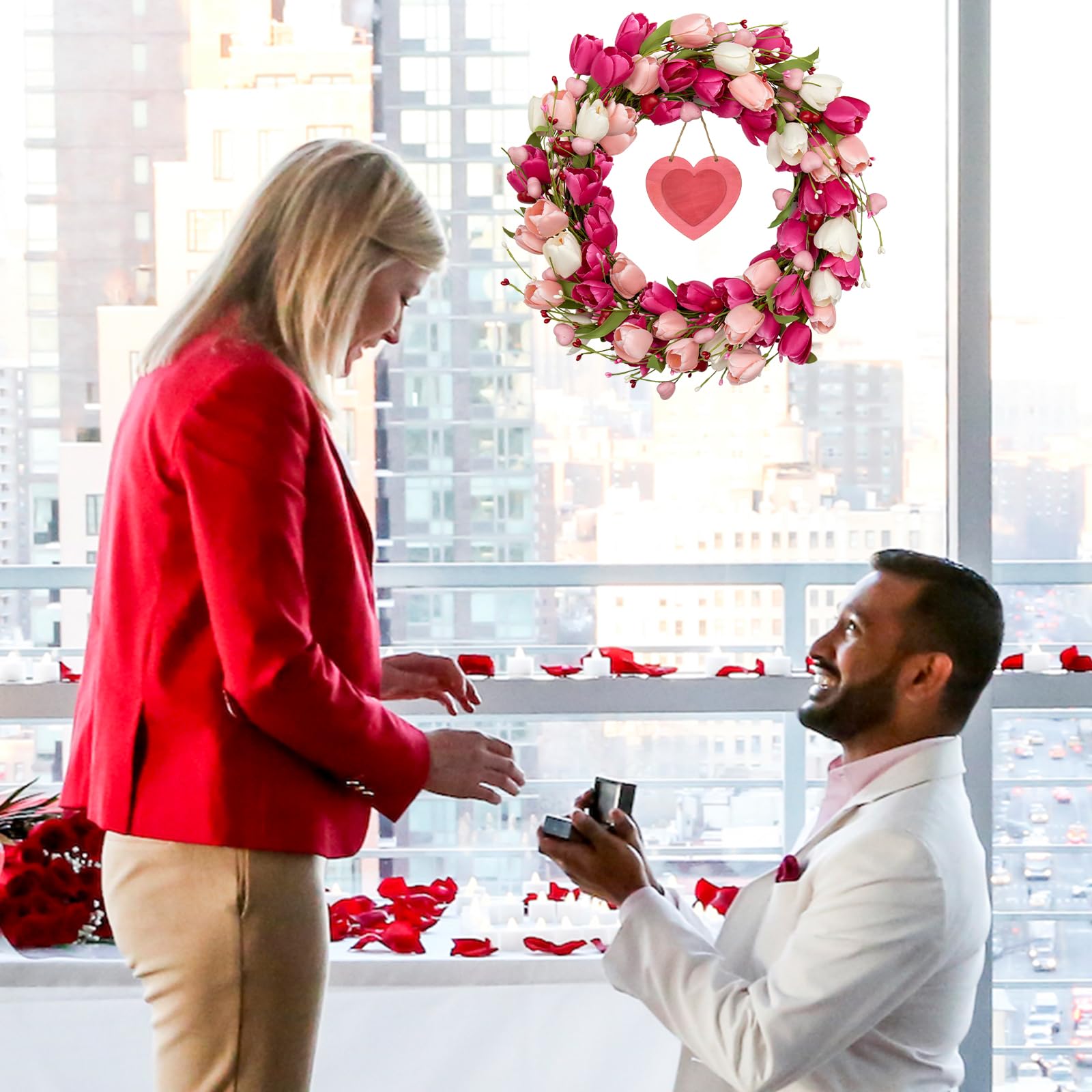 DIYFLORU 20 Inch Pink Valentine Wreath for Front Door Colorful Tulip Wreath for Yard Wedding Indoor Porch Wall Decor - View 2 of 8