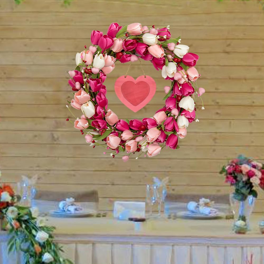 DIYFLORU 20 Inch Pink Valentine Wreath for Front Door Colorful Tulip Wreath for Yard Wedding Indoor Porch Wall Decor - View 3 of 8