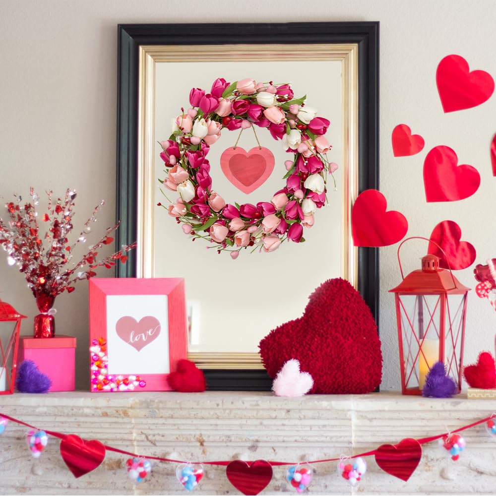 DIYFLORU 20 Inch Pink Valentine Wreath for Front Door Colorful Tulip Wreath for Yard Wedding Indoor Porch Wall Decor - View 4 of 8