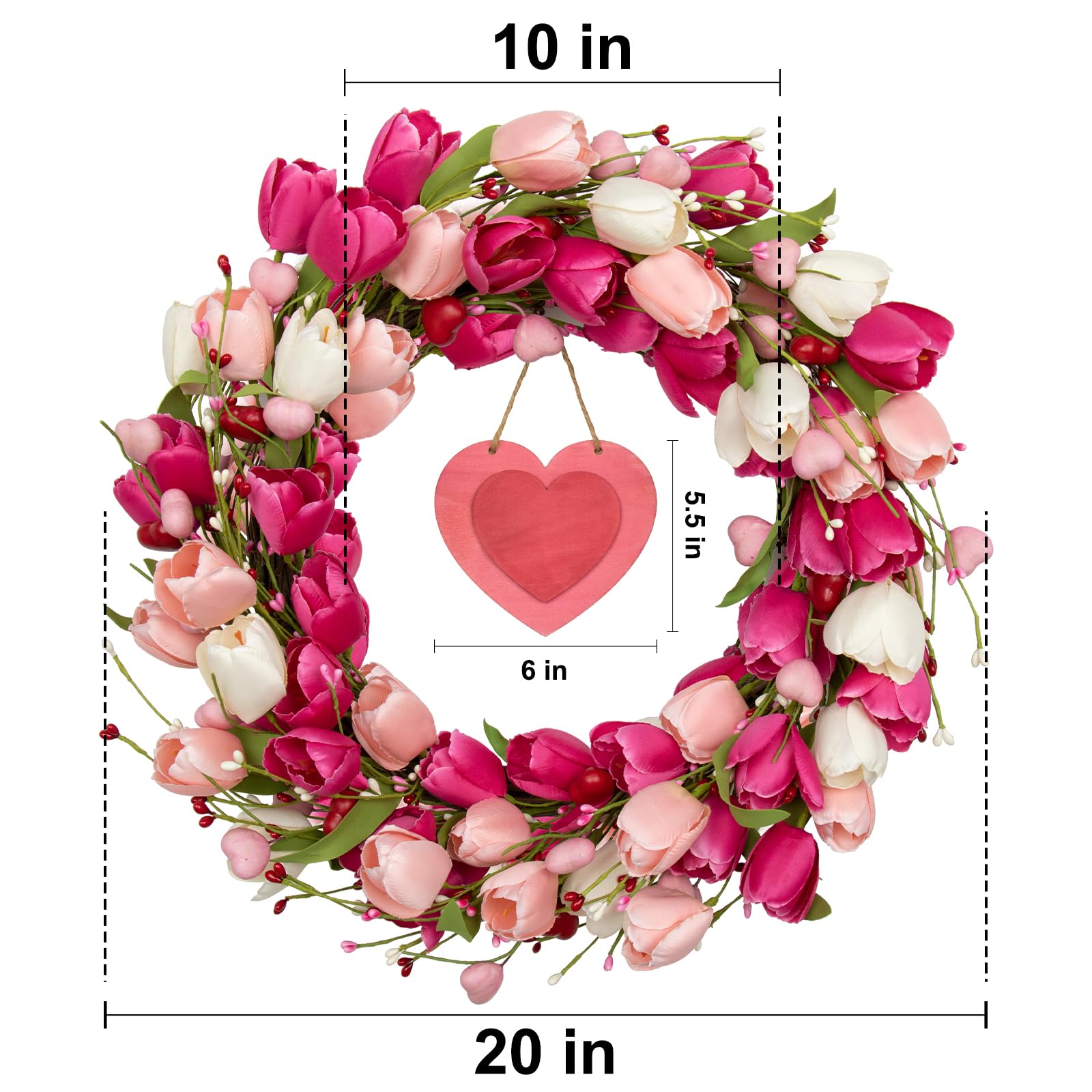 DIYFLORU 20 Inch Pink Valentine Wreath for Front Door Colorful Tulip Wreath for Yard Wedding Indoor Porch Wall Decor - View 5 of 8