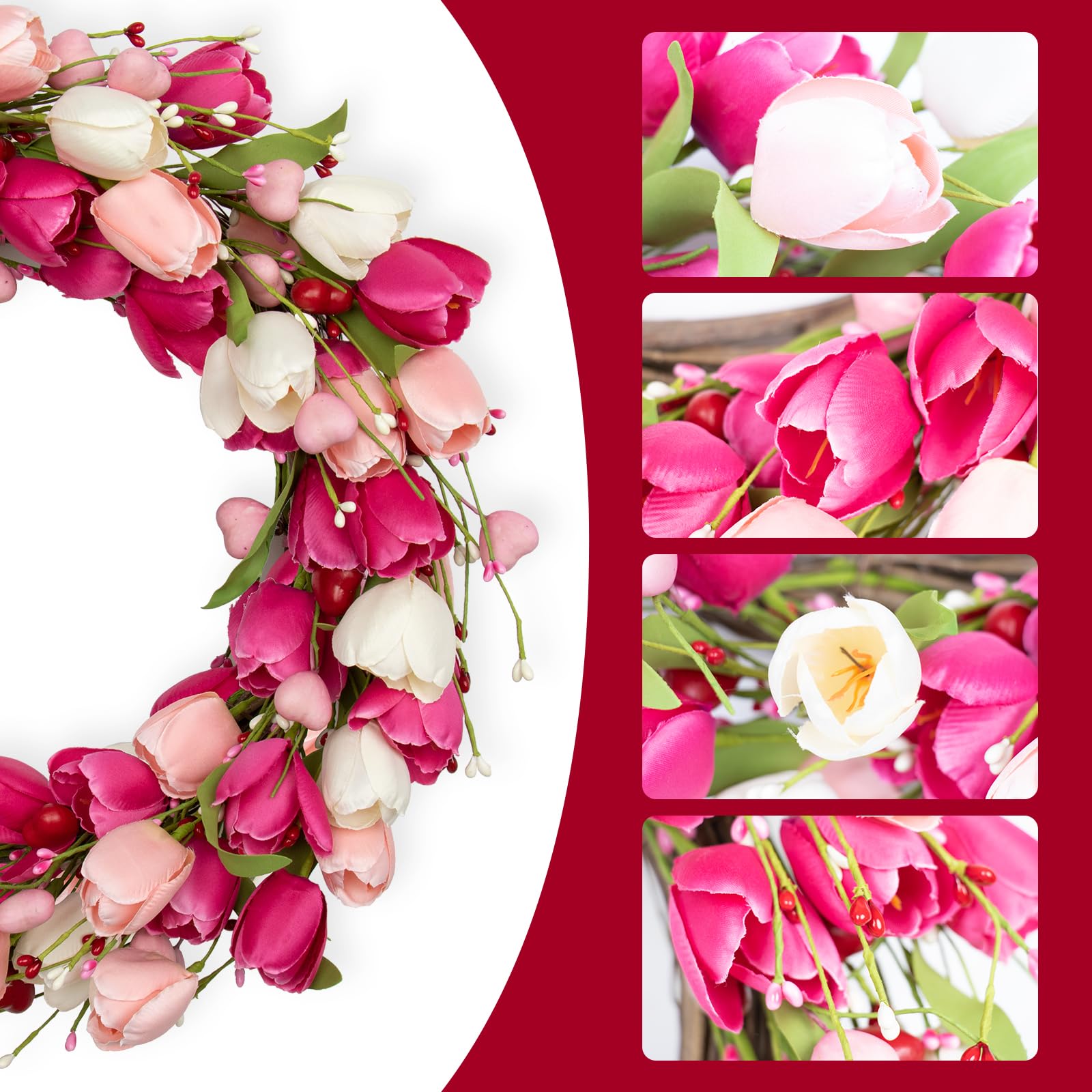 DIYFLORU 20 Inch Pink Valentine Wreath for Front Door Colorful Tulip Wreath for Yard Wedding Indoor Porch Wall Decor - View 6 of 8