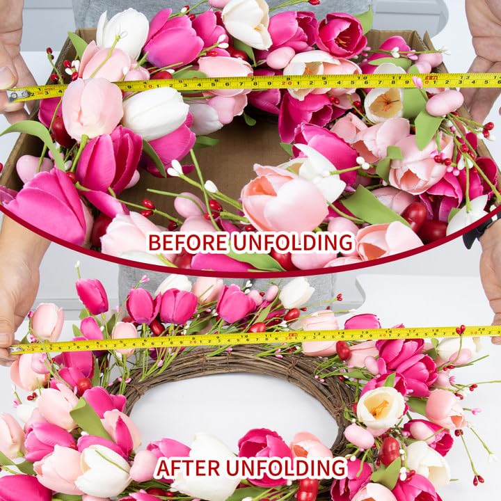 DIYFLORU 20 Inch Pink Valentine Wreath for Front Door Colorful Tulip Wreath for Yard Wedding Indoor Porch Wall Decor - View 7 of 8