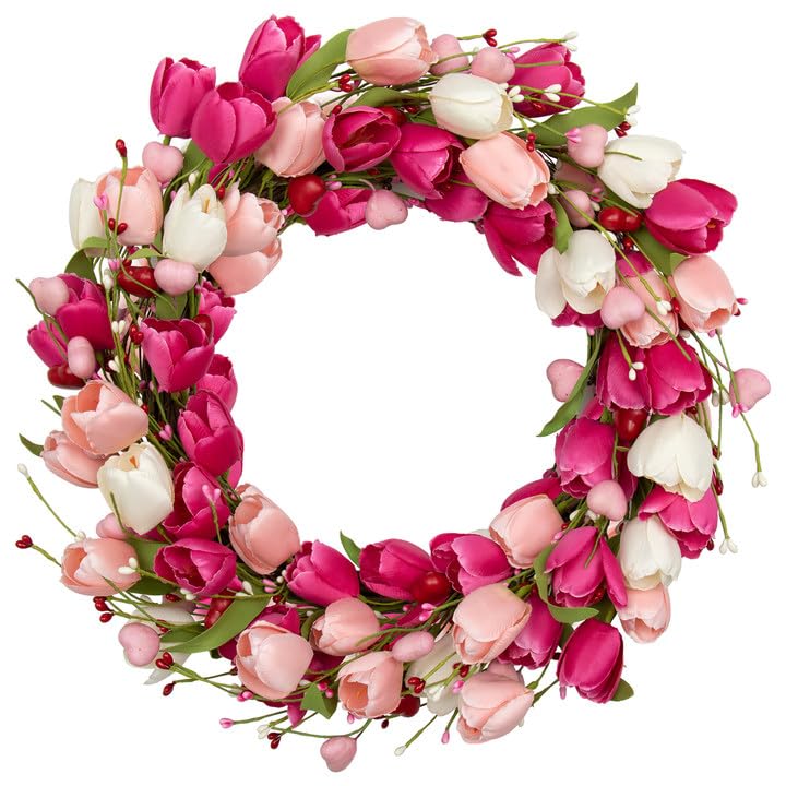 DIYFLORU 20 Inch Pink Valentine Wreath for Front Door Colorful Tulip Wreath for Yard Wedding Indoor Porch Wall Decor - View 8 of 8