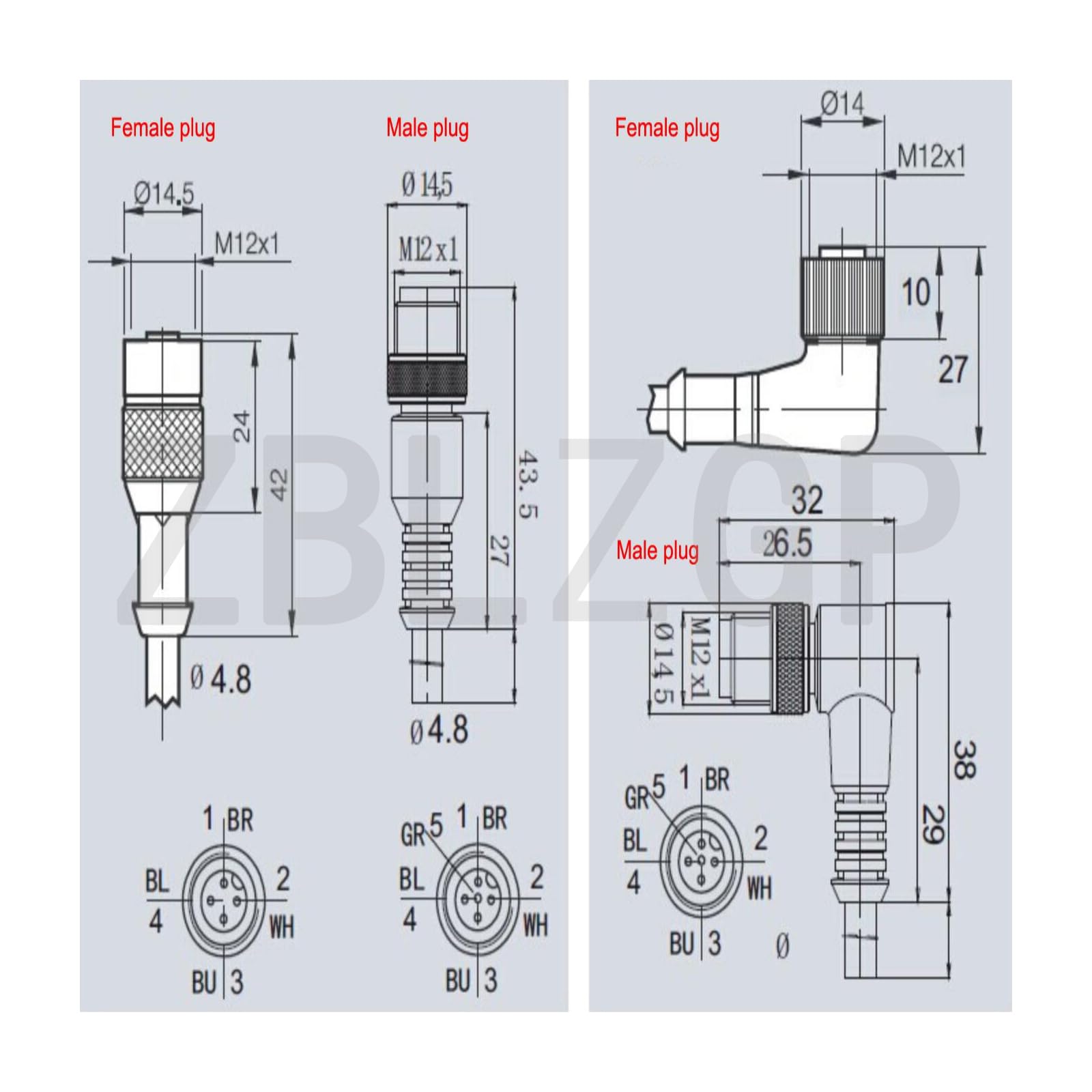 ZBLZGP ZBLZGP M12 5 Pin Sensor Connector Male Female Actuator Signal Industrial Shielded Cable Elbow 5pin Female 1M 3.3FT - View 4 of 5