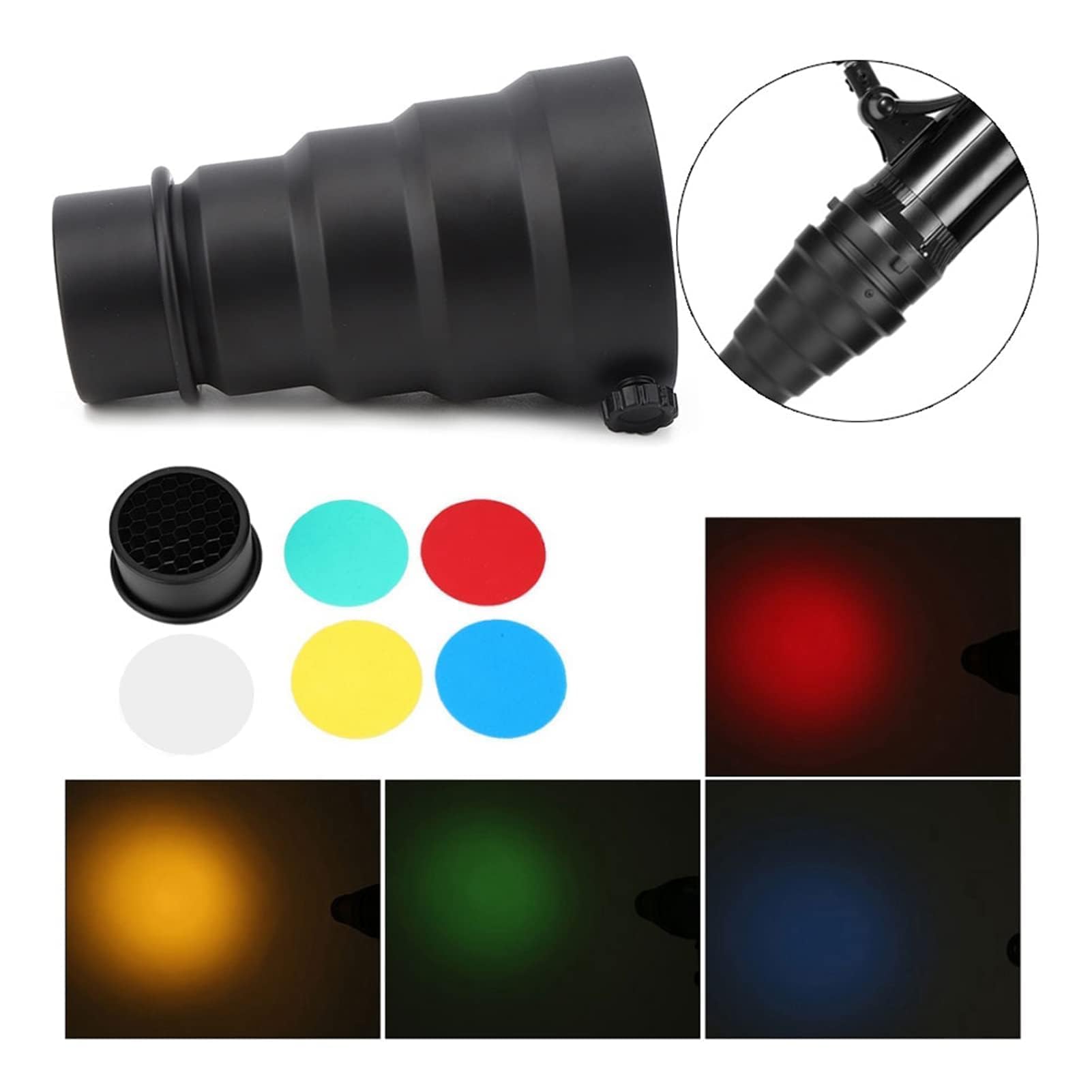 Cyrank Aluminium Alloy Conical Snoot Kit with Honeycomb Grid and 5 Color Filters for Bowens Mount Studio Strobe Photography Flash - View 3 of 9