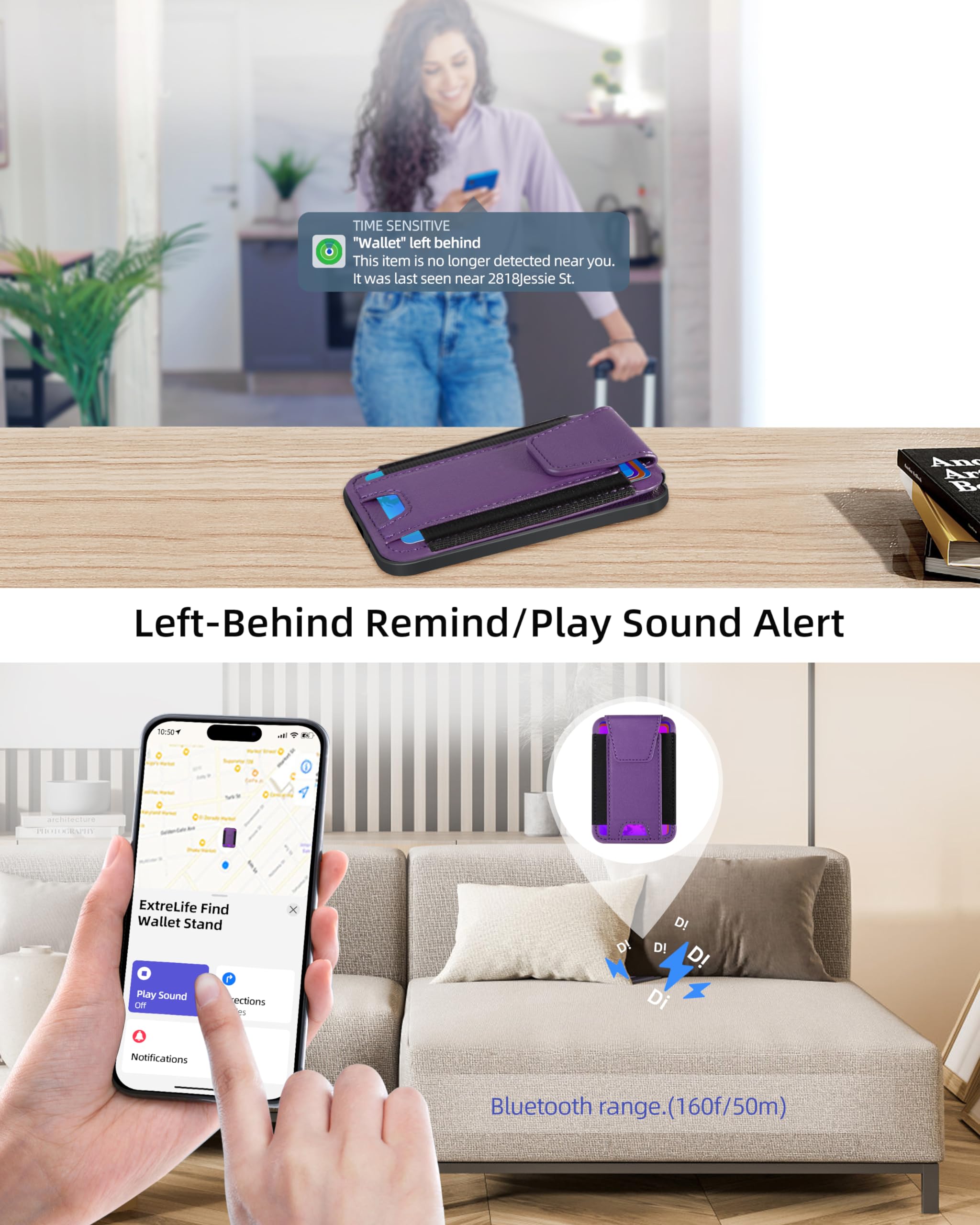 ExtreLife Magsafe Wallet with Find My Support Magnetic Phone Wallet for iPhone 16 15 14 13 12 Series 7 Card Holder RFID Blocking Purple - View 3 of 8