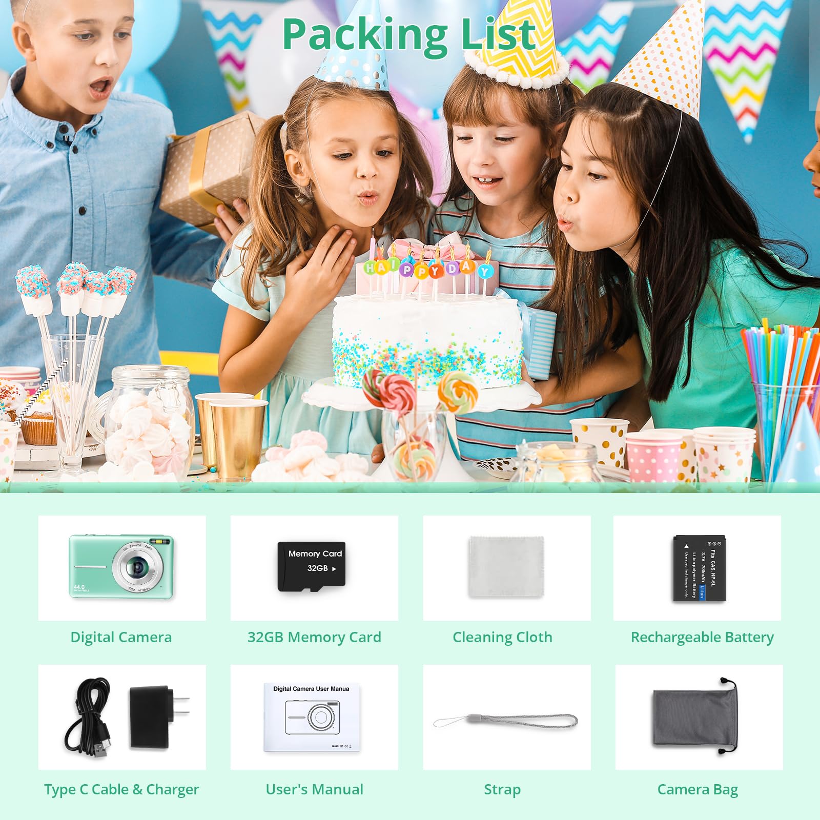 toberto Digital Camera 1080P 44MP Compact Point and Shoot for Kids with 16X Zoom Anti-Shake Ideal Travel Camera Gift for Boys Girls Teens - View 7 of 7