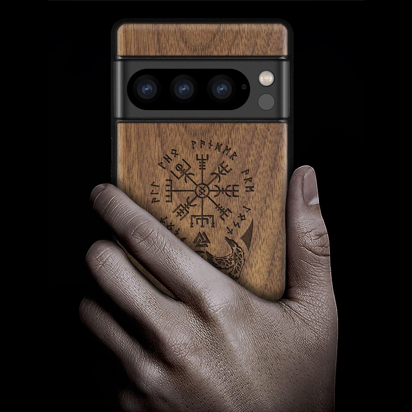 Carveit Carveit Wood Case for Pixel 8 Pro Natural Wood and Black TPU Shockproof Protective Cover Unique Viking Compass Design - View 2 of 7