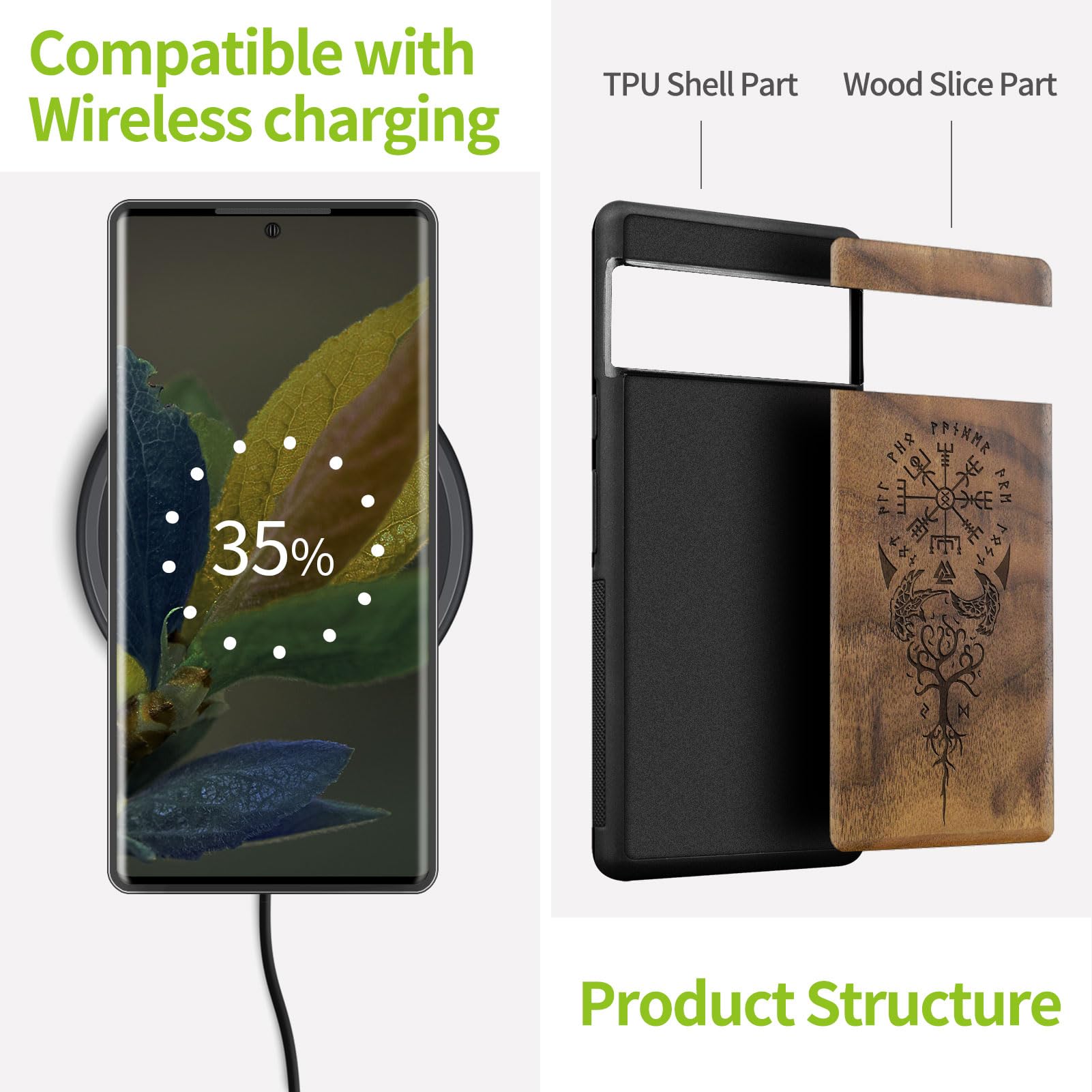 Carveit Carveit Wood Case for Pixel 8 Pro Natural Wood and Black TPU Shockproof Protective Cover Unique Viking Compass Design - View 4 of 7