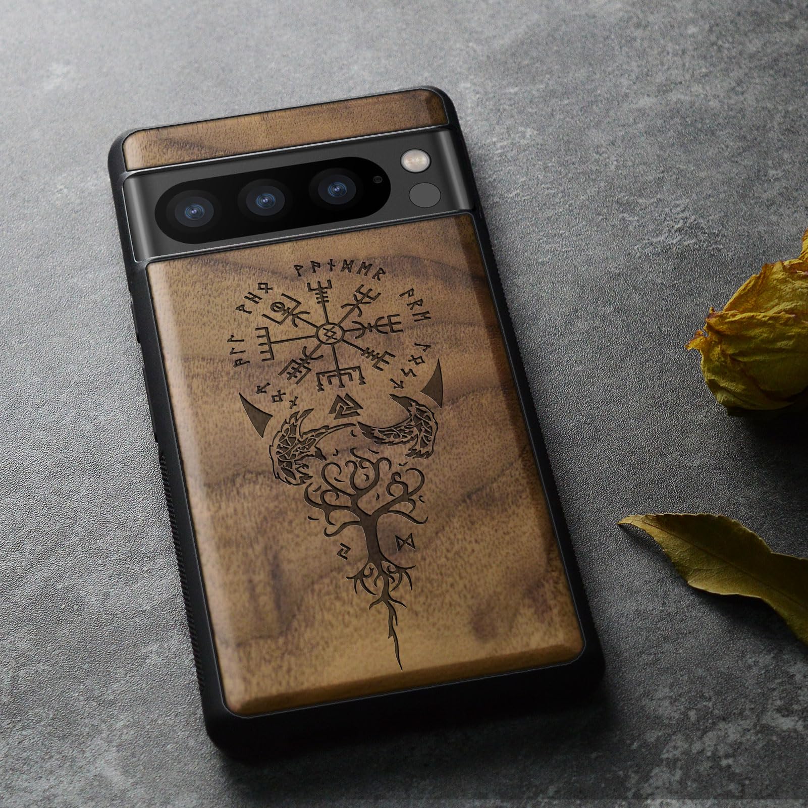 Carveit Carveit Wood Case for Pixel 8 Pro Natural Wood and Black TPU Shockproof Protective Cover Unique Viking Compass Design - View 5 of 7
