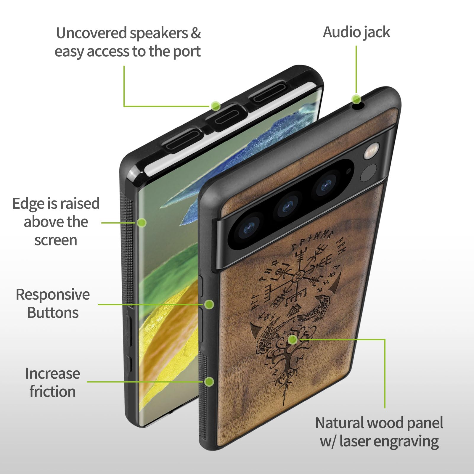 Carveit Carveit Wood Case for Pixel 8 Pro Natural Wood and Black TPU Shockproof Protective Cover Unique Viking Compass Design - View 6 of 7