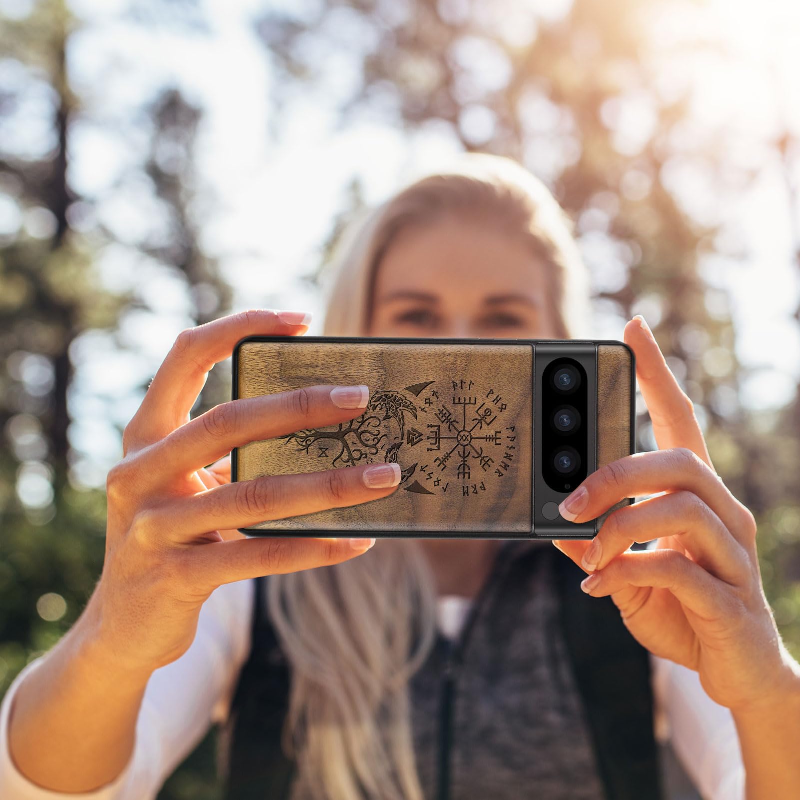 Carveit Carveit Wood Case for Pixel 8 Pro Natural Wood and Black TPU Shockproof Protective Cover Unique Viking Compass Design - View 7 of 7