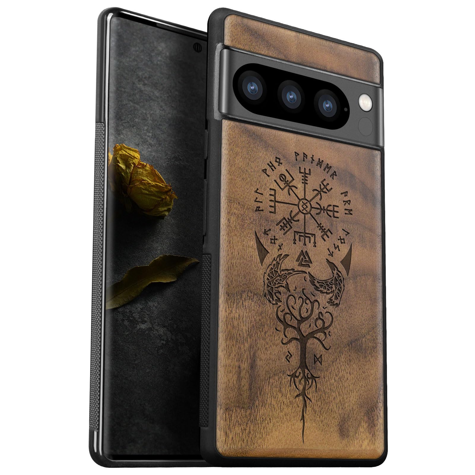 Carveit Wood Case for Pixel 8 Pro Natural Wood and Black TPU Shockproof Protective Cover Unique Viking Compass Design