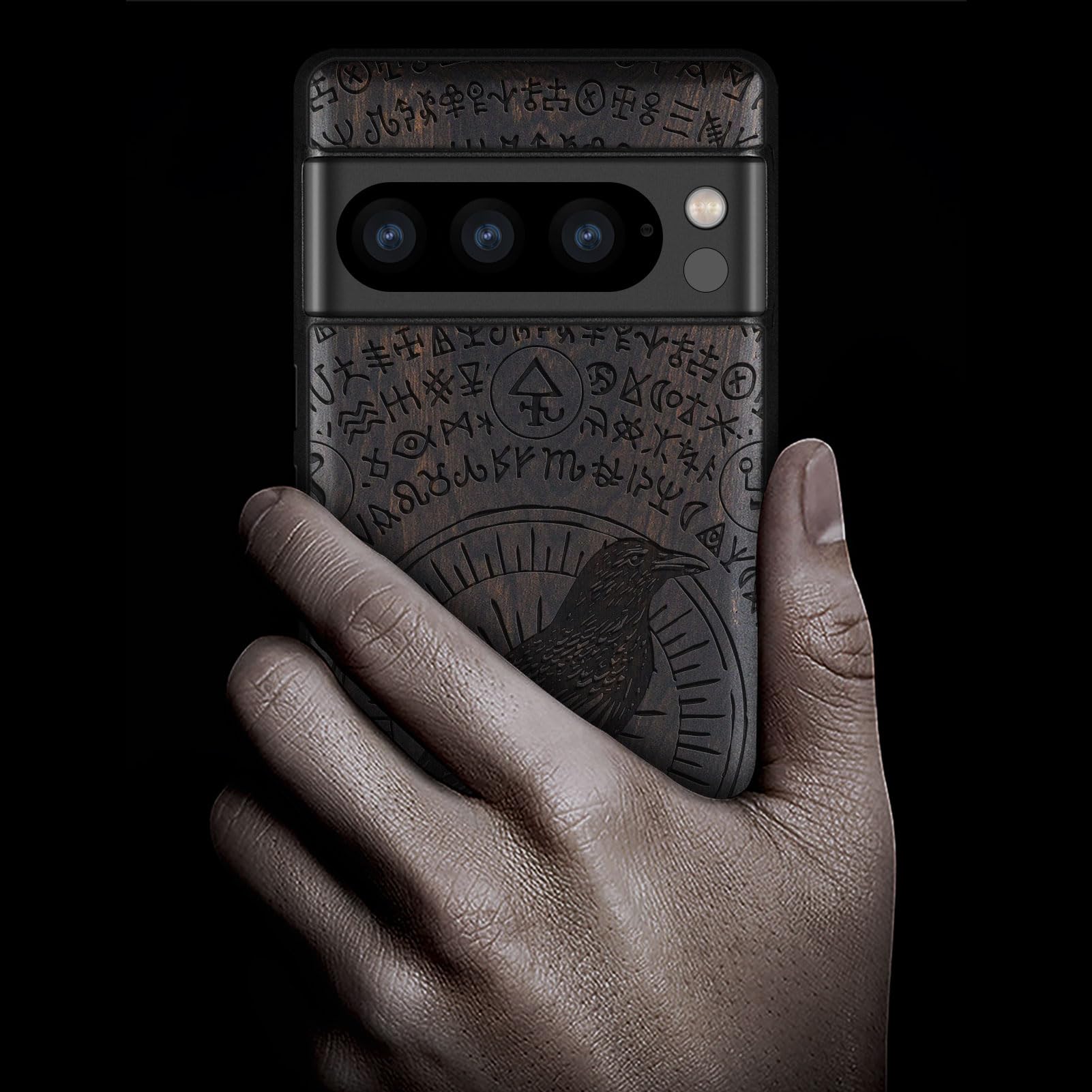 Carveit Carveit Wood Case for Google Pixel 8 Pro Natural Wood and Black Soft TPU Shockproof Protective Cover Unique Laser Engraved Crow-Darkwood - View 2 of 7