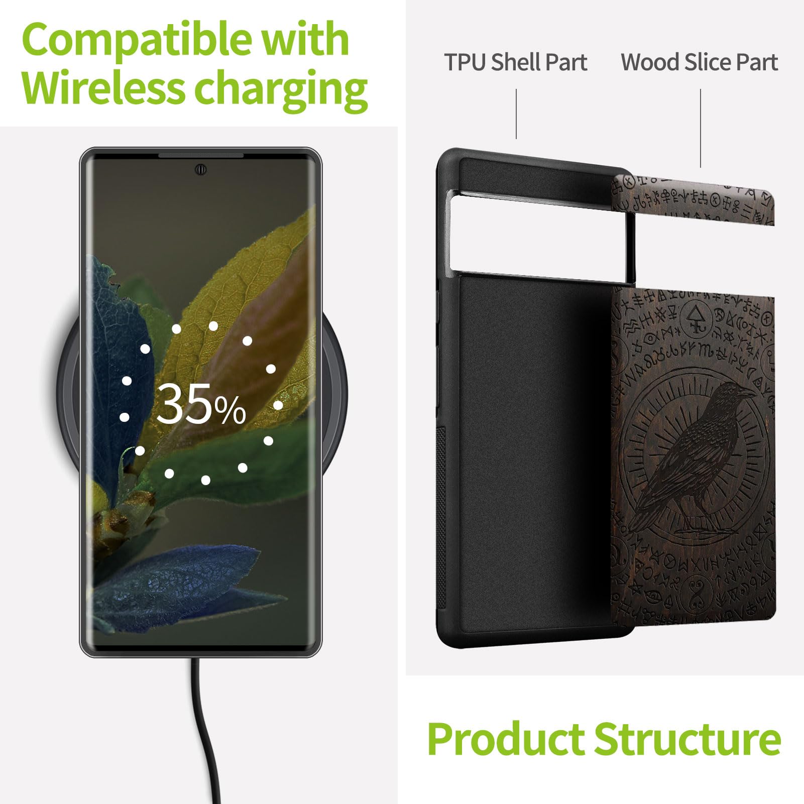 Carveit Carveit Wood Case for Google Pixel 8 Pro Natural Wood and Black Soft TPU Shockproof Protective Cover Unique Laser Engraved Crow-Darkwood - View 4 of 7