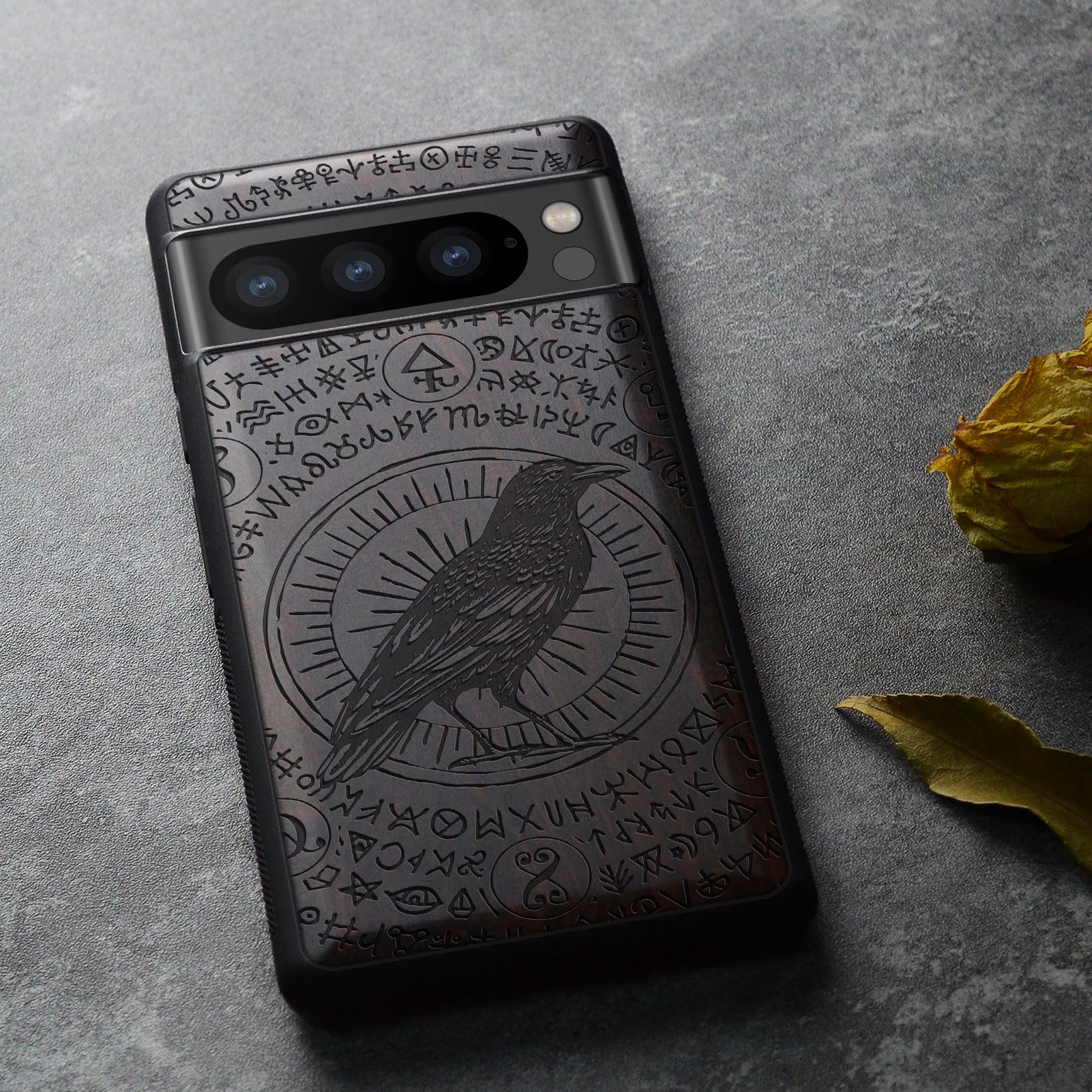Carveit Carveit Wood Case for Google Pixel 8 Pro Natural Wood and Black Soft TPU Shockproof Protective Cover Unique Laser Engraved Crow-Darkwood - View 5 of 7