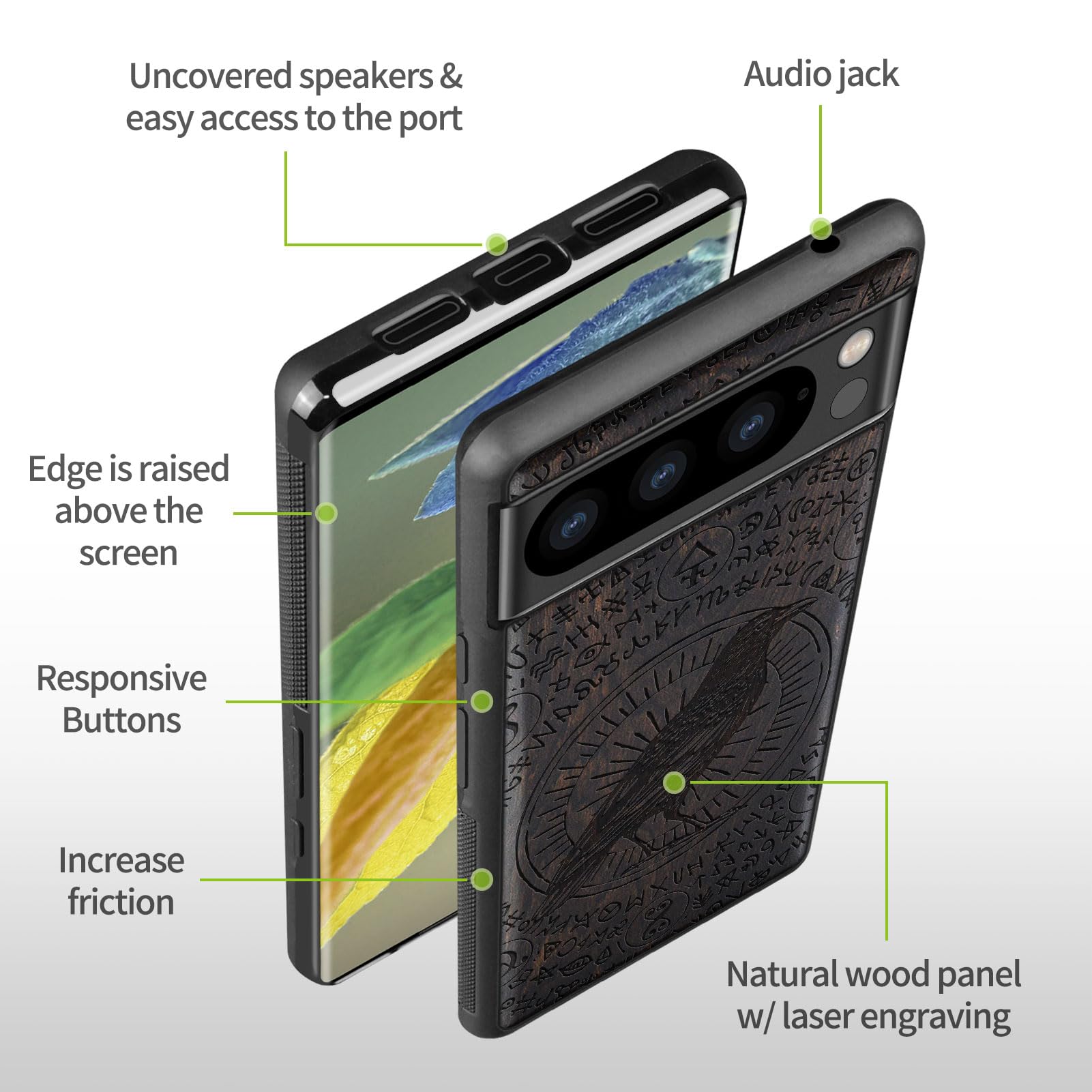 Carveit Carveit Wood Case for Google Pixel 8 Pro Natural Wood and Black Soft TPU Shockproof Protective Cover Unique Laser Engraved Crow-Darkwood - View 6 of 7