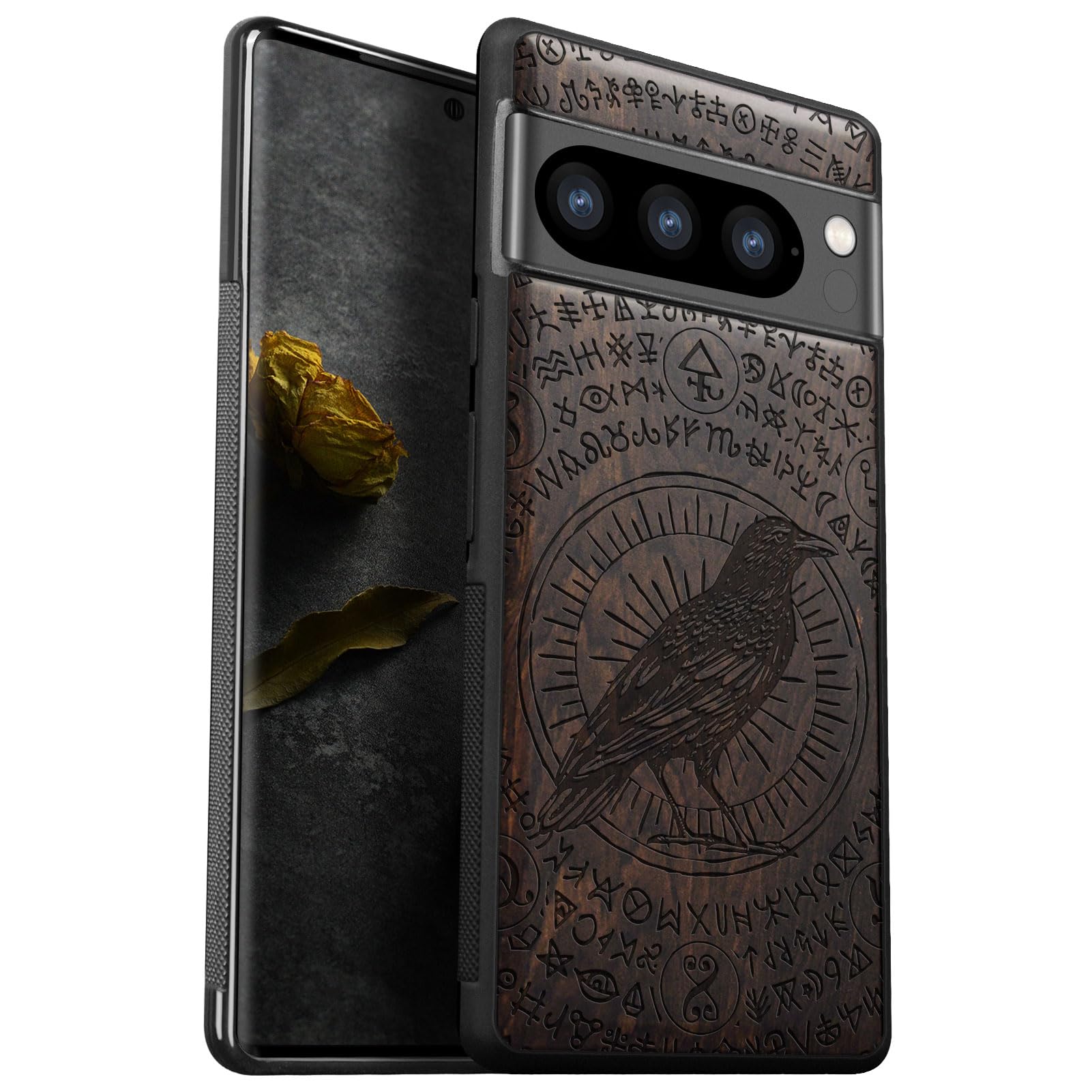 Carveit Wood Case for Google Pixel 8 Pro Natural Wood and Black Soft TPU Shockproof Protective Cover Unique Laser Engraved Crow-Darkwood