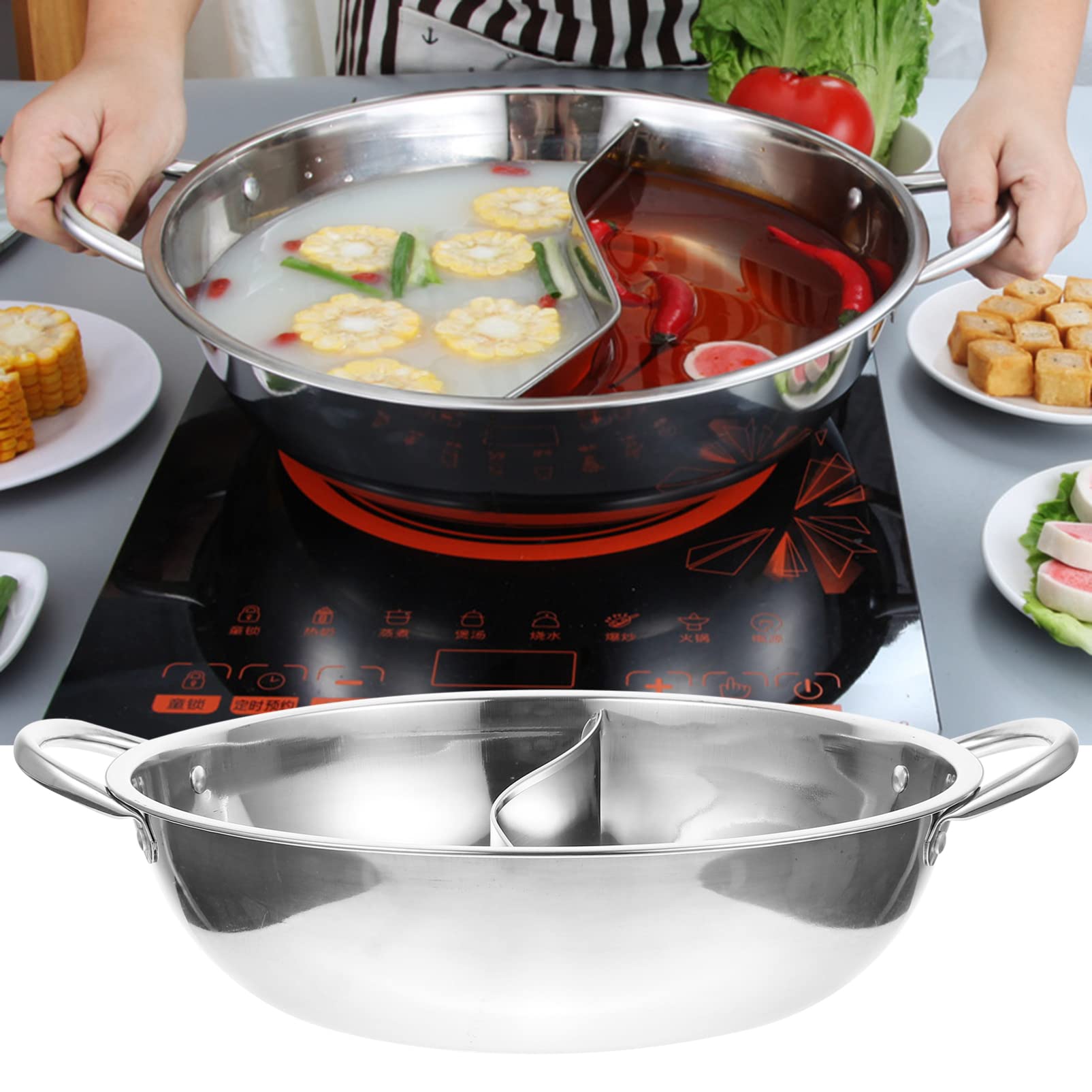 BIUDECO Mandarin Pot Hot Pot Divided Pan Stainless Steel Fry Pan with Lid Korean Cookware Household Cooking Utensil Suki - View 2 of 9