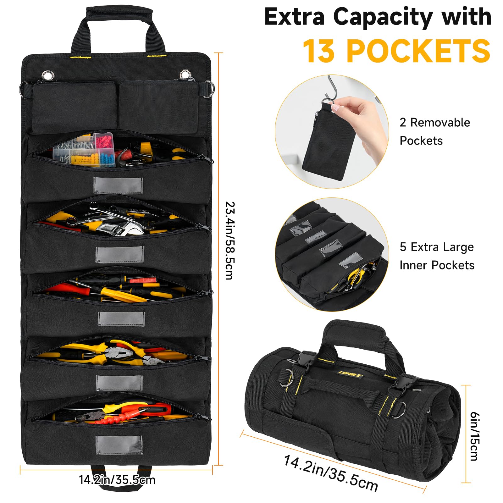 LEFOR·Z Large Roll Up Tool Bag Organizer with 13 Pockets Heavy Duty Portable Storage Carrier for Men Mechanic Electrician and Hobbyist Black - View 2 of 6