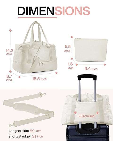 BAGSMART Stylish Weekender Bags for Women: BAGSMART Travel Duffel with Shoe Compartment & Toiletry Bag - Perfect Carry-On for Airlines - View 8 of 9