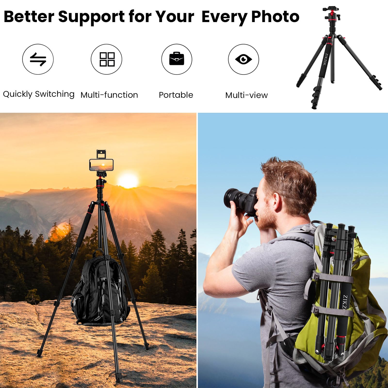 ZIKZOK 70 Inch Professional Aluminum Tripod and Monopod with 360 Degree Ball Head Adjustable Lightweight Travel Tripod for Camera Phone and Tablet - View 3 of 9