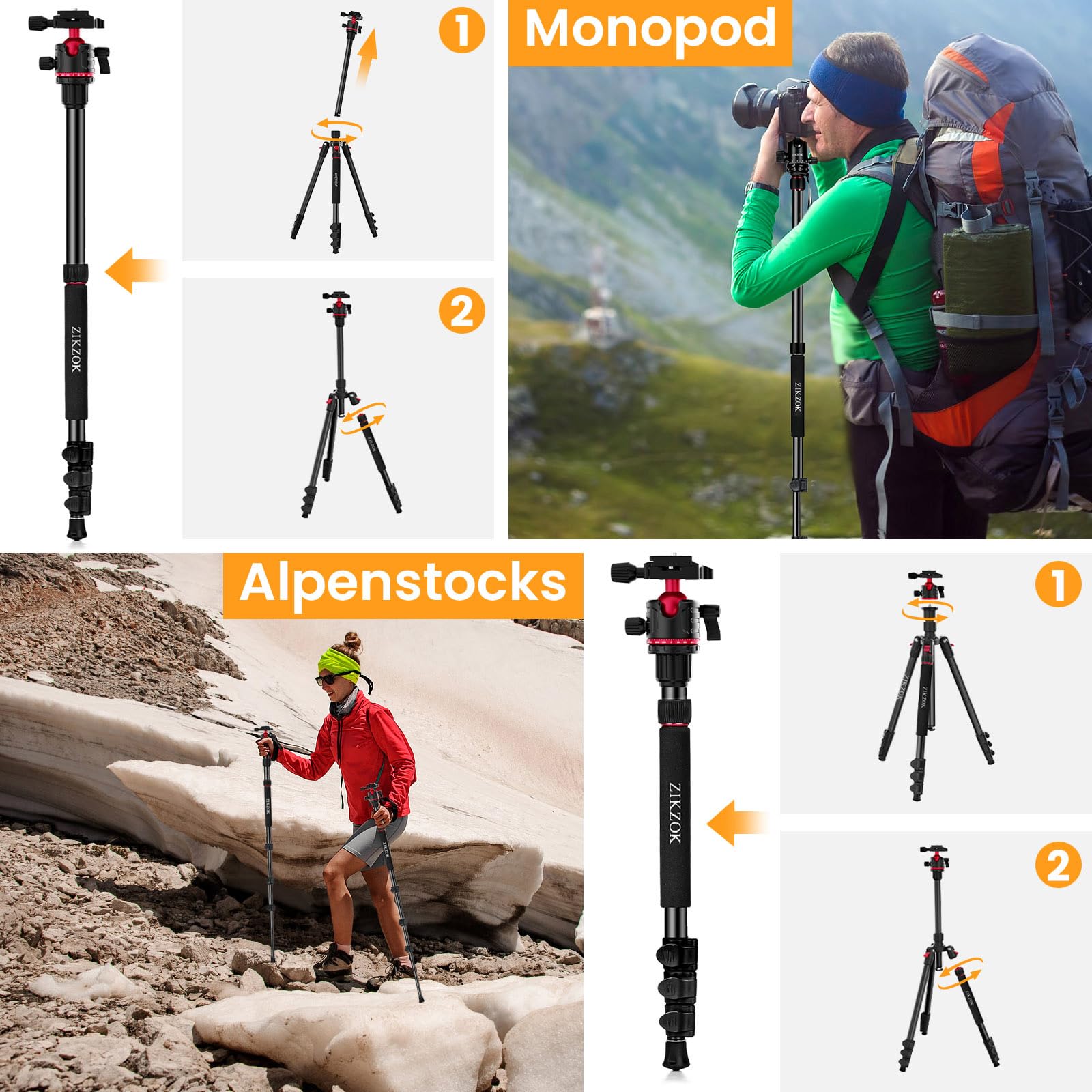 ZIKZOK 70 Inch Professional Aluminum Tripod and Monopod with 360 Degree Ball Head Adjustable Lightweight Travel Tripod for Camera Phone and Tablet - View 4 of 9