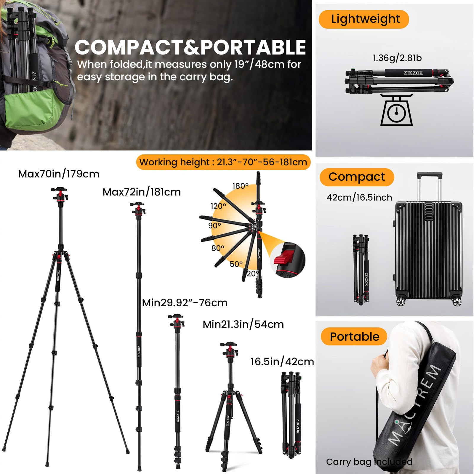 ZIKZOK 70 Inch Professional Aluminum Tripod and Monopod with 360 Degree Ball Head Adjustable Lightweight Travel Tripod for Camera Phone and Tablet - View 5 of 9