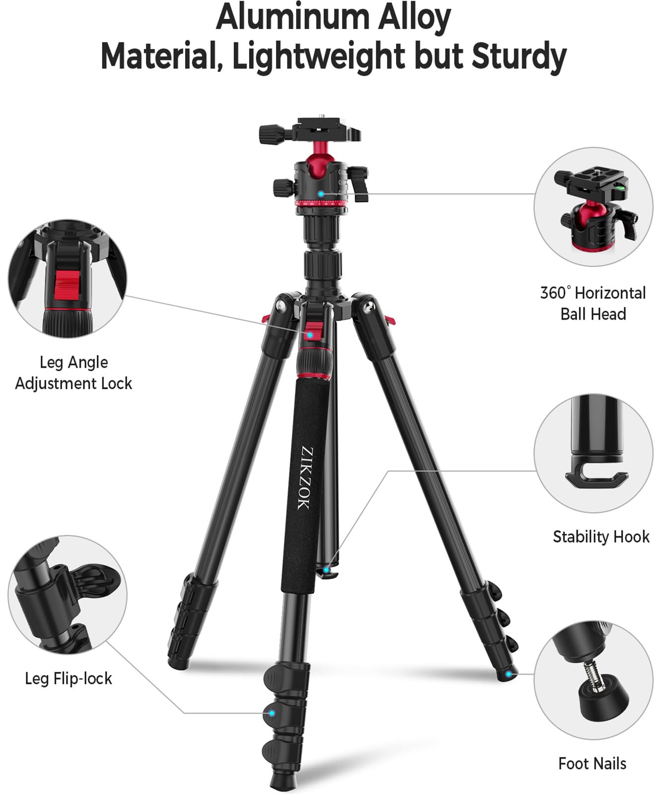 ZIKZOK 70 Inch Professional Aluminum Tripod and Monopod with 360 Degree Ball Head Adjustable Lightweight Travel Tripod for Camera Phone and Tablet - View 7 of 9