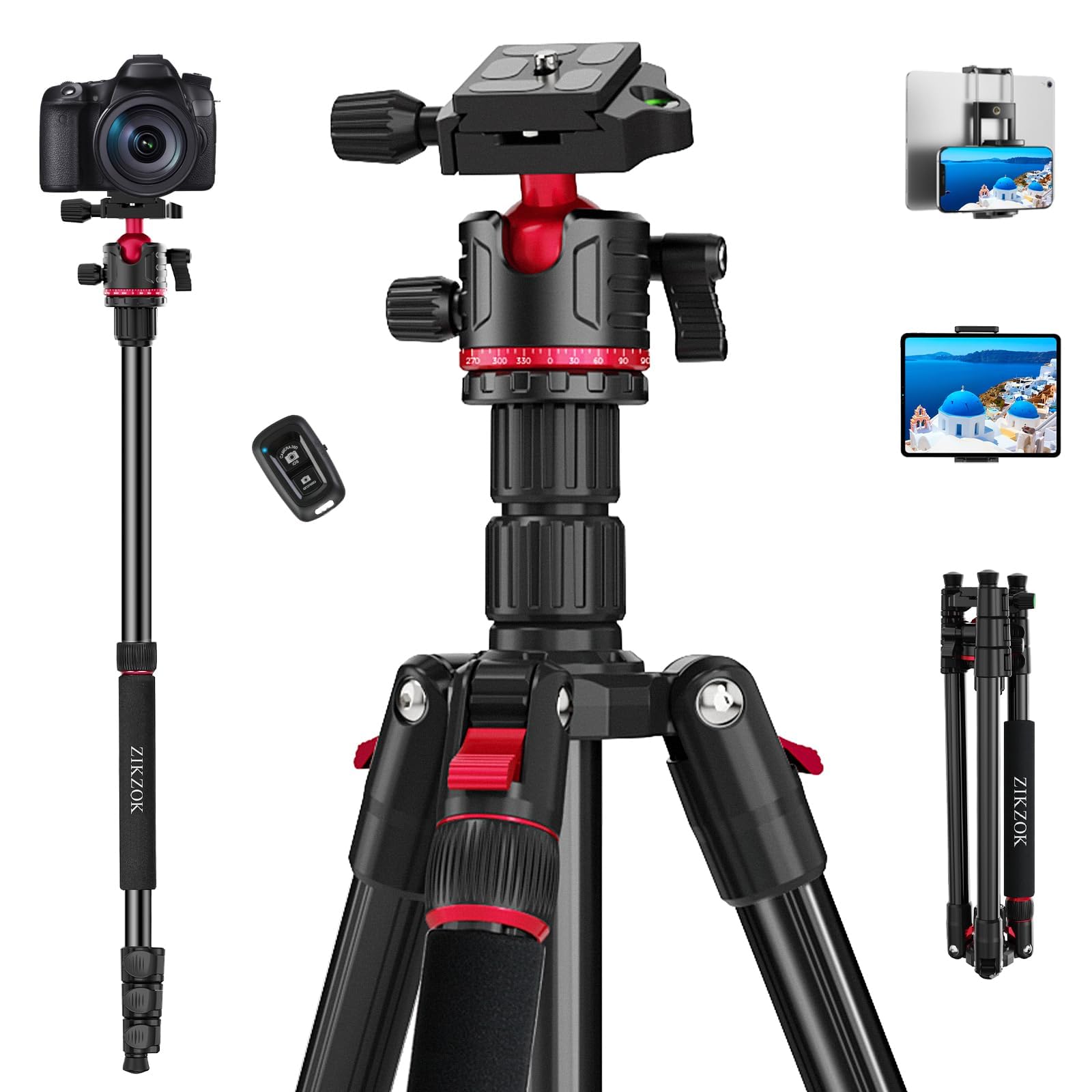 ZIKZOK 70 Inch Professional Aluminum Tripod and Monopod with 360 Degree Ball Head Adjustable Lightweight Travel Tripod for Camera Phone and Tablet