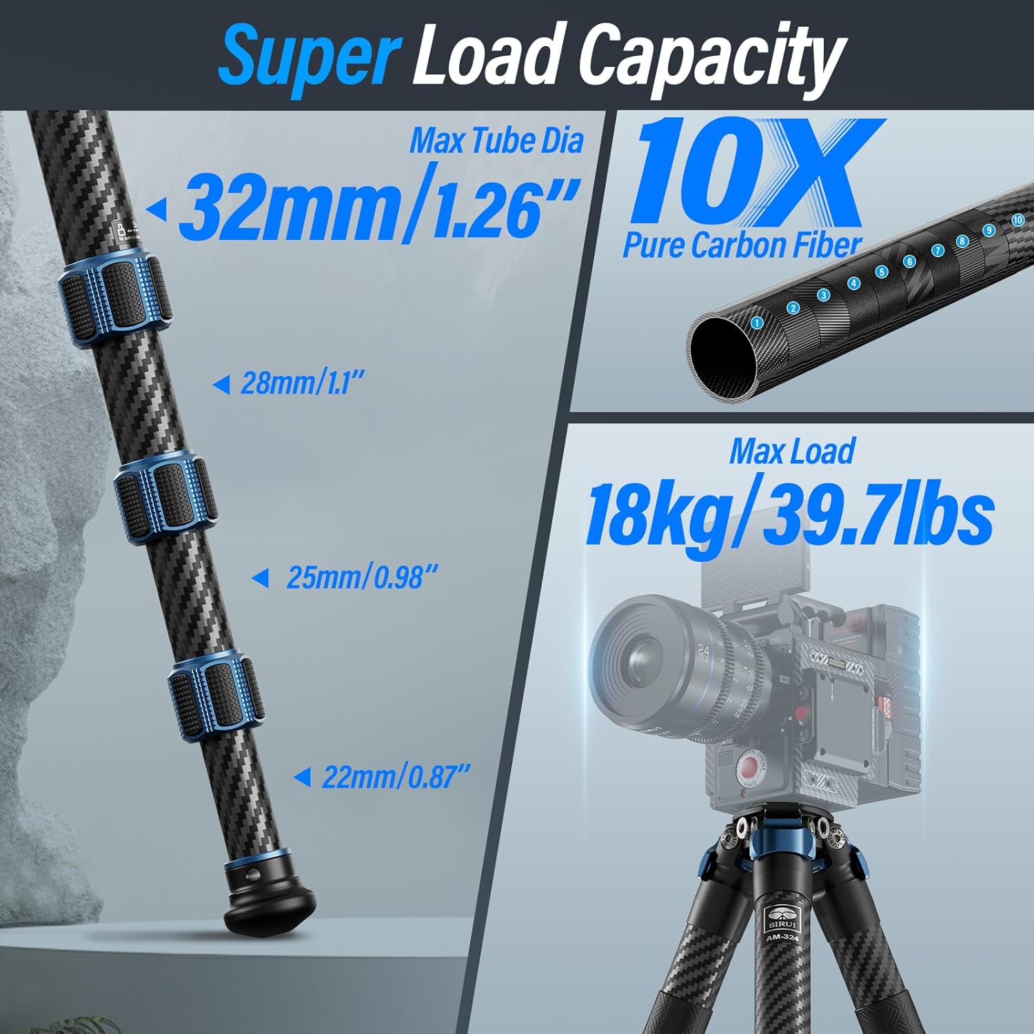 Sirui SIRUI AM-324 Professional Carbon Fiber Tripod 57 Inch for Mirrorless DSLR Cameras 4 Section Max Load 39.8lbs Ideal for Photographers - View 3 of 9