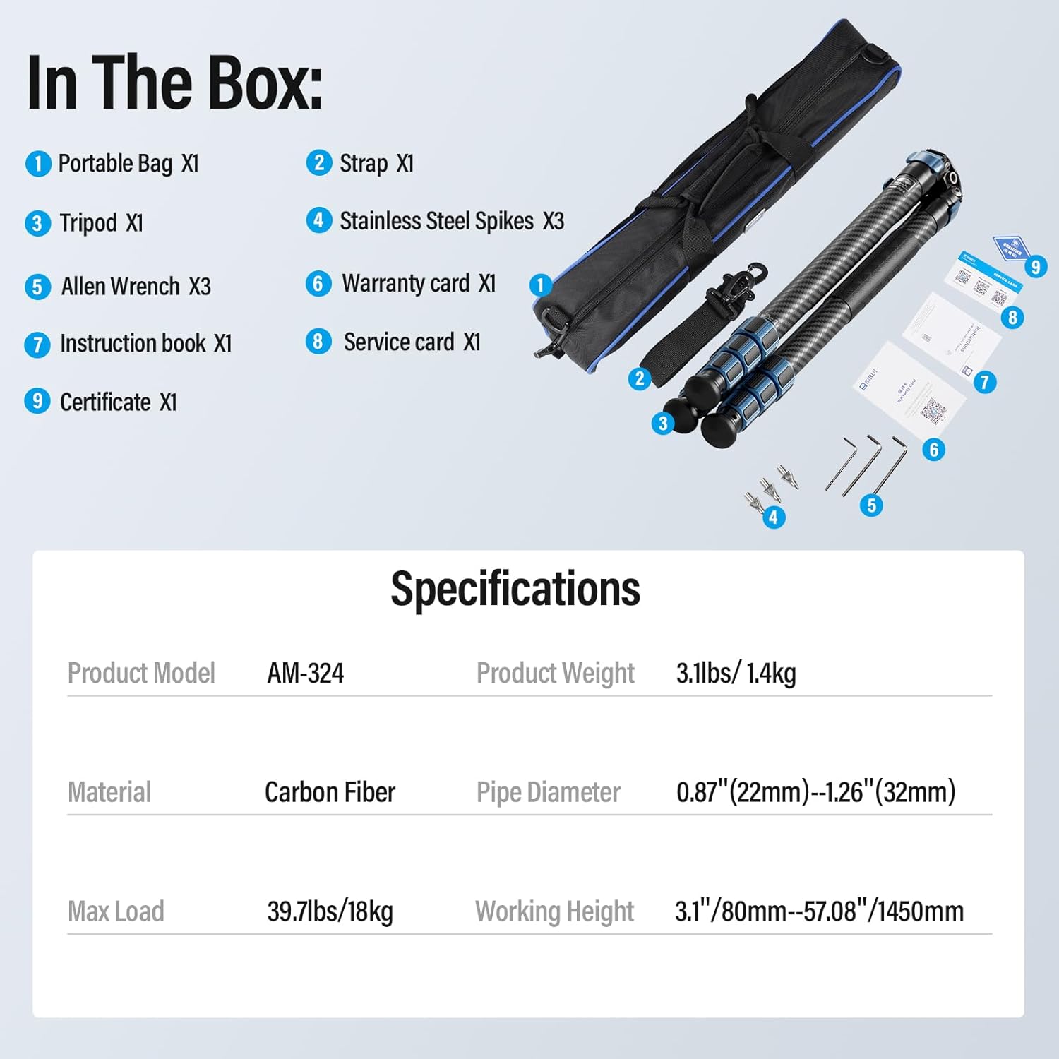 Sirui SIRUI AM-324 Professional Carbon Fiber Tripod 57 Inch for Mirrorless DSLR Cameras 4 Section Max Load 39.8lbs Ideal for Photographers - View 9 of 9