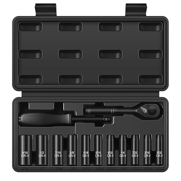Reniteco Reniteco 13 Piece 1/4 Inch Drive Socket Set SAE Deep Sockets 72 Tooth Ratchet Wrench Drive Spinner Handle 6 Point Design Cr-V