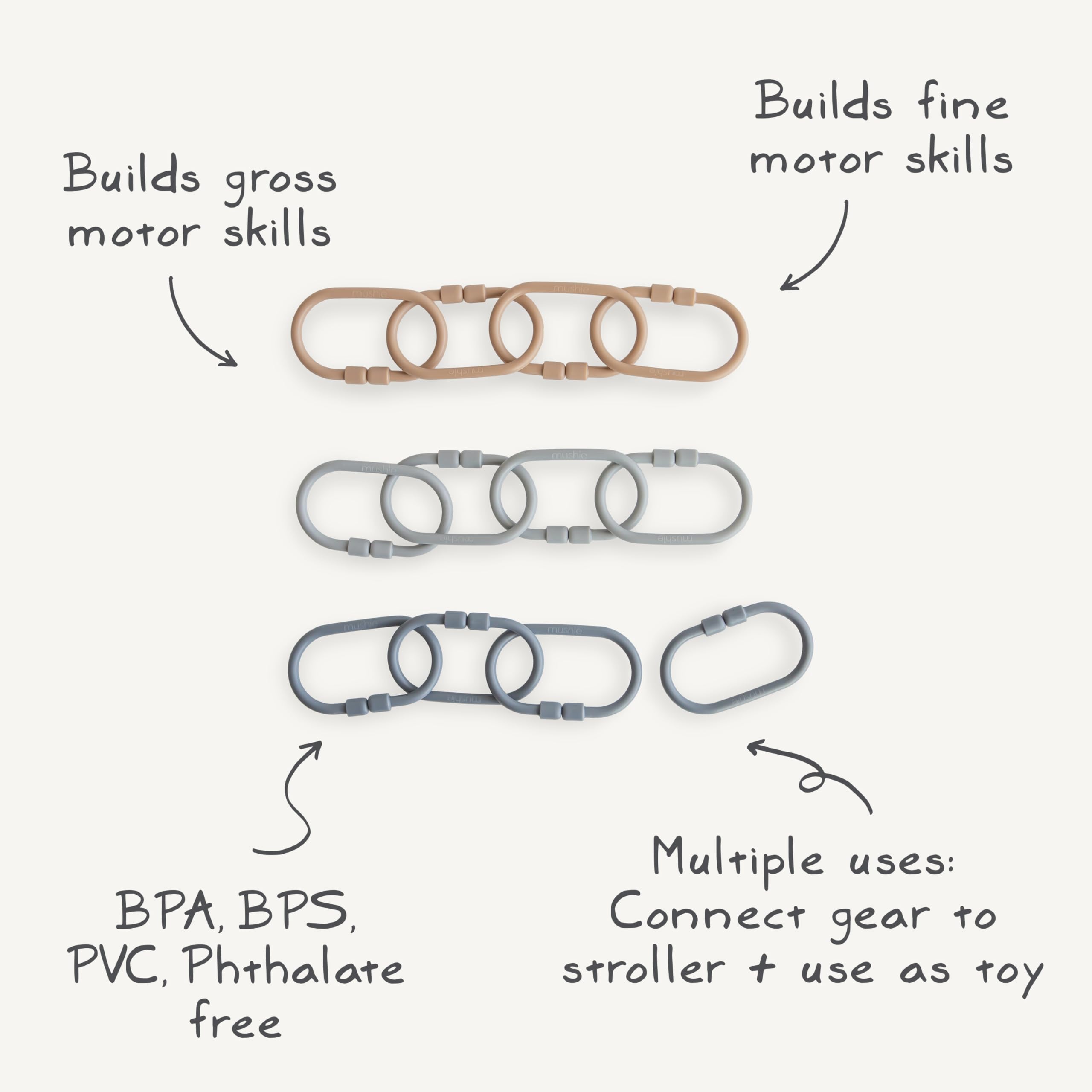 mushie Mushie Baby Chain Link Rings Toy 12 Count Multiuse Car Seat Stroller Connecting Toy in Shifting Sand Blush Cambridge Blue - View 9 of 9