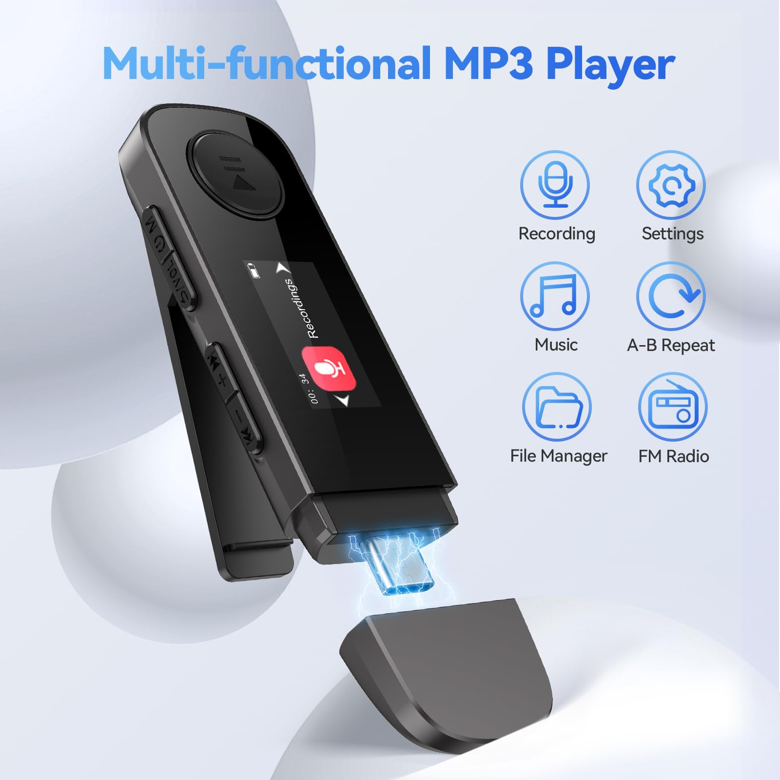 AGPTEK 64GB Bluetooth MP3 Player AGPTEK U5PL Type-C USB Music Player with Clip FM Radio Recording Mobile Phone Connection - View 3 of 8
