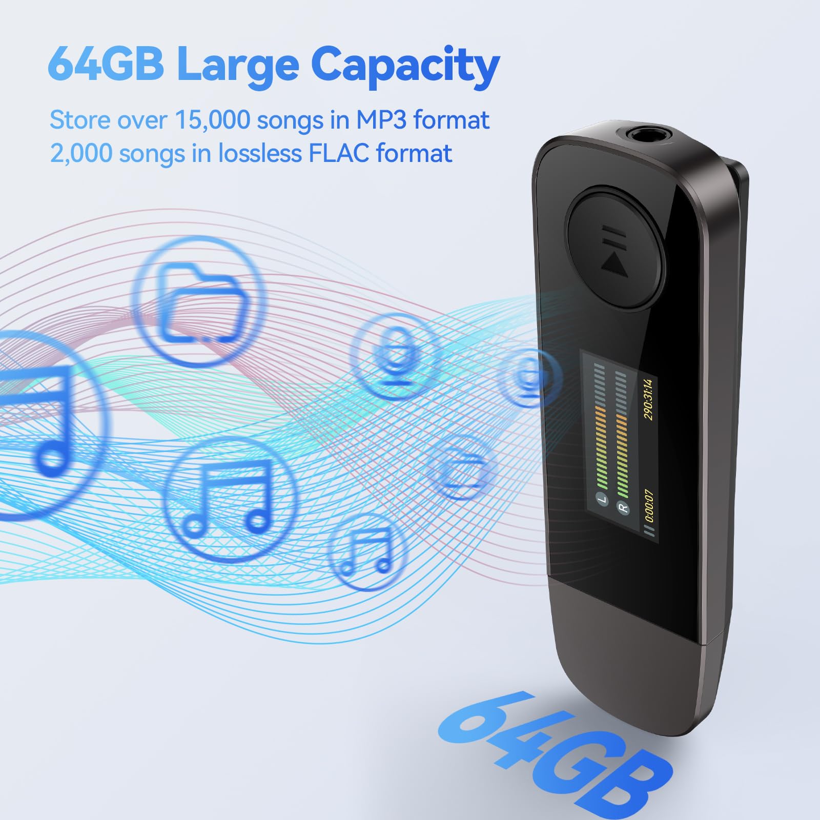 AGPTEK 64GB Bluetooth MP3 Player AGPTEK U5PL Type-C USB Music Player with Clip FM Radio Recording Mobile Phone Connection - View 8 of 8
