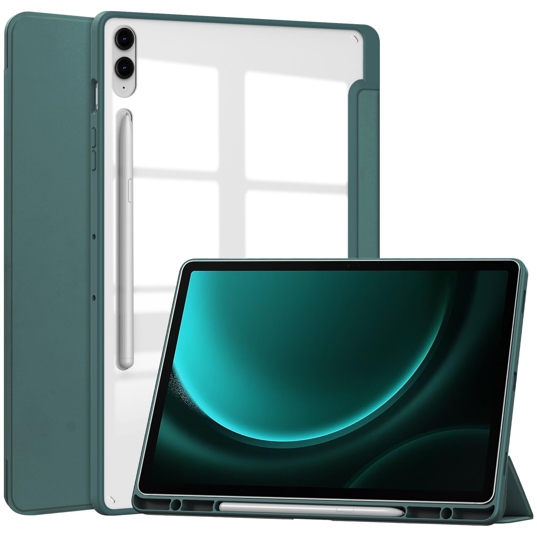 Ratesell Hybrid Slim Case for Samsung Galaxy Tab S9 FE 10.9 Inch and Galaxy Tab S9 11 Inch 2023 Shockproof Cover with Clear Back and S Pen Holder Blackish Green