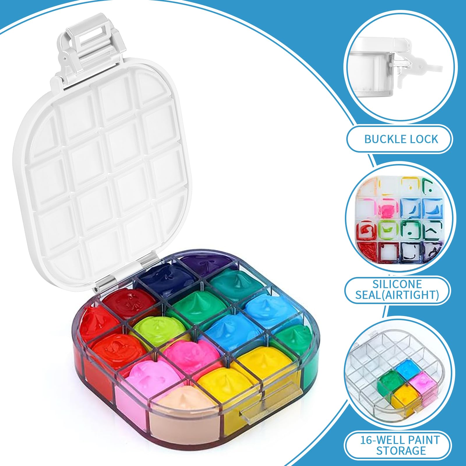 Yeaqee Yeaqee 4 Pcs Airtight Paint Storage Palette Box 16 Wells Small Paint Palette with Lid for Watercolor Gouache Oil Painting Art - View 3 of 7