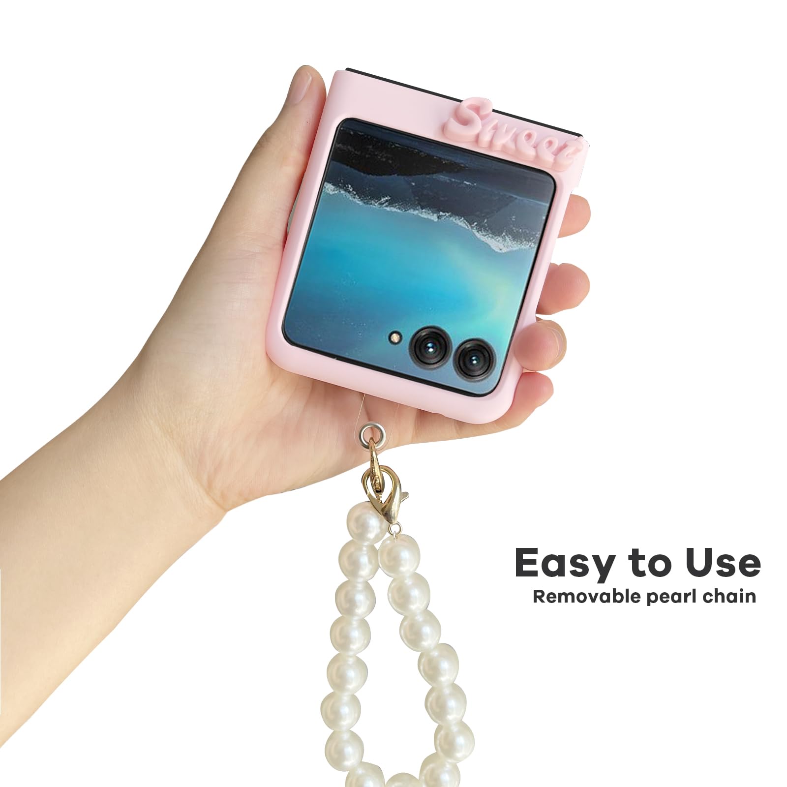 Yohulod Yohulod Pink Cute Case for Motorola Razr Plus 2023 Ultra Thin Shockproof Protective Cover with Pearl Chain Non-Slip Design - View 2 of 6