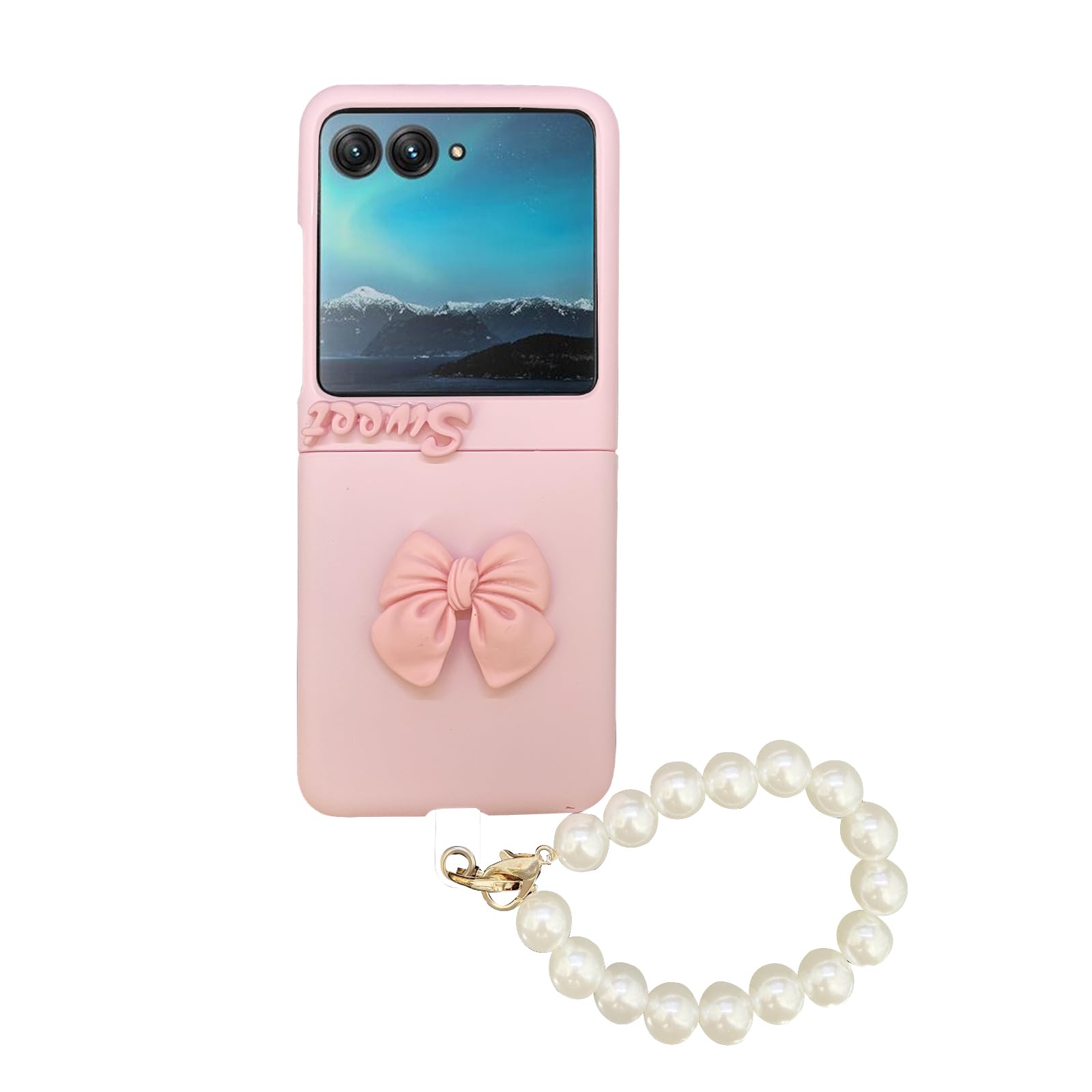 Yohulod Yohulod Pink Cute Case for Motorola Razr Plus 2023 Ultra Thin Shockproof Protective Cover with Pearl Chain Non-Slip Design