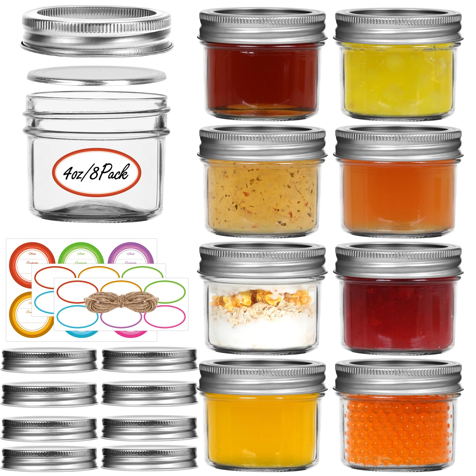 Haneye Small Mason Jars 8 Pack 4oz Glass Canning Jars with Lids for Jelly Jam Honey Desserts Spices Wedding Favors and Candles